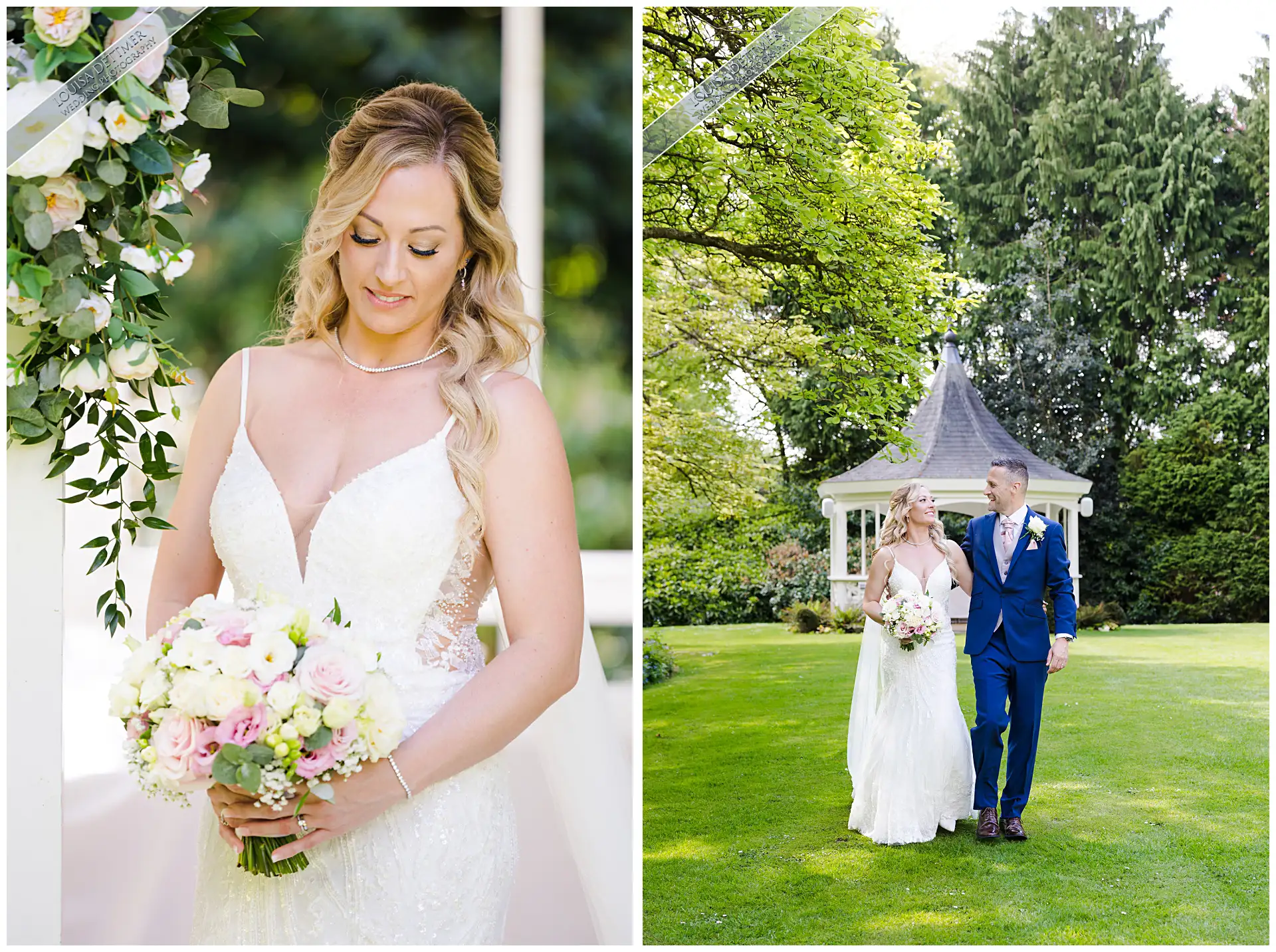 bride and groom walking across grounds