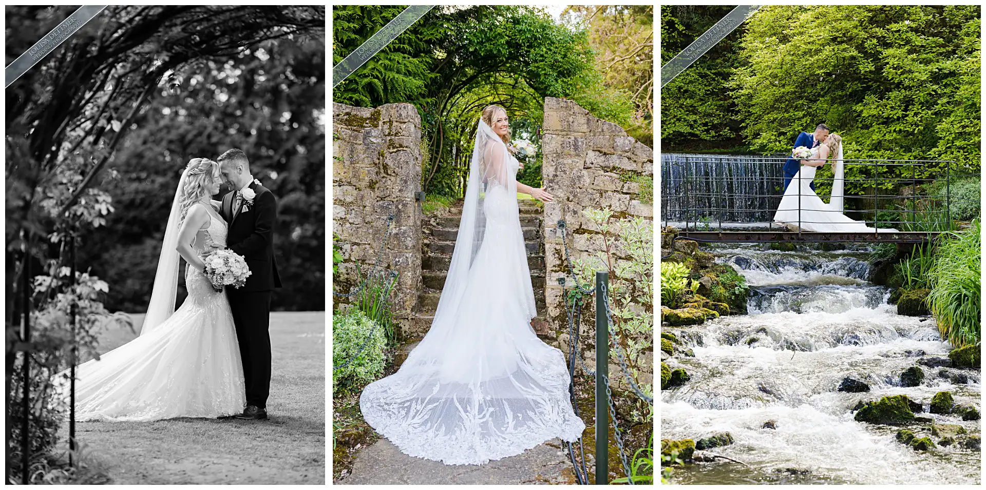 bride and groom, waterfall, stone archway, The Orangery Maidstone, wedding