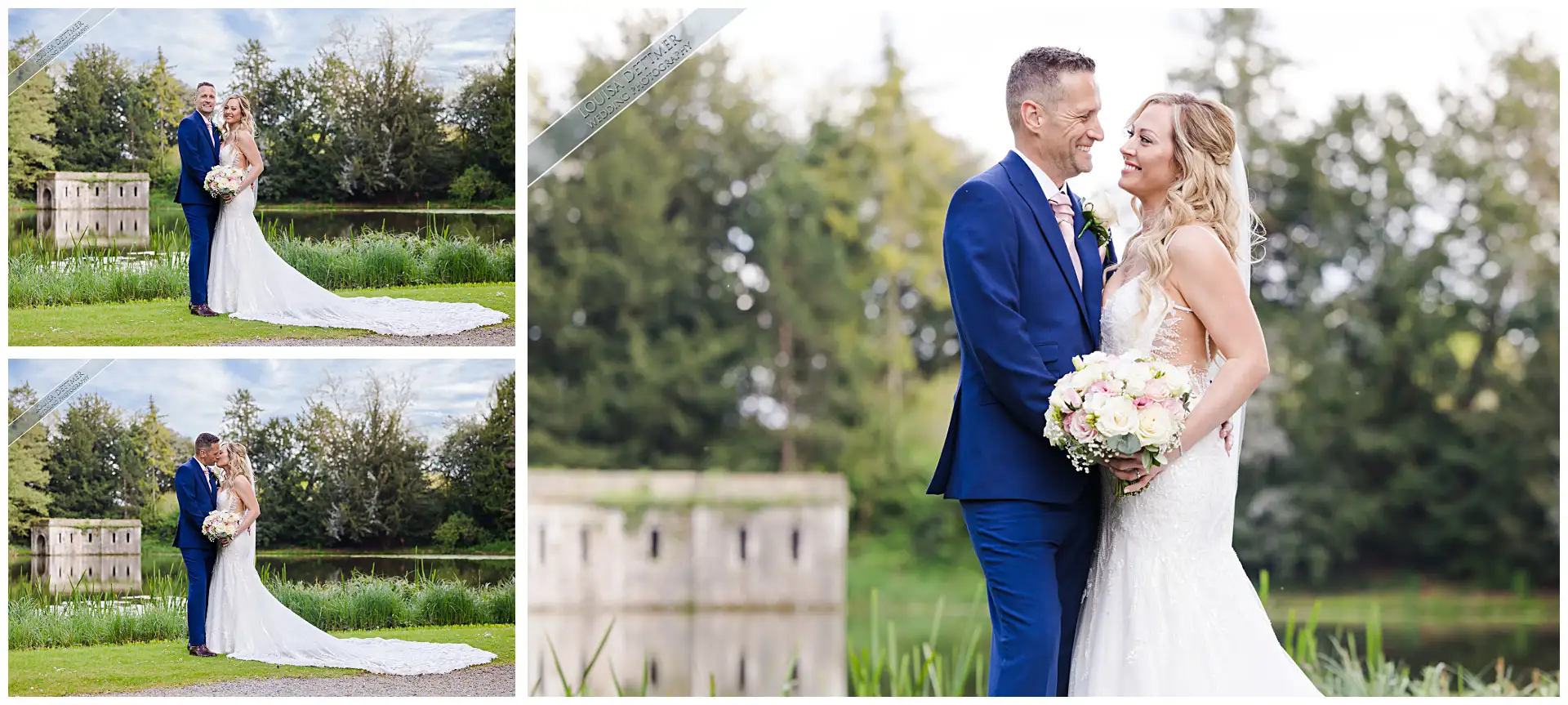 kissing by lake, bride and groom, The Orangery Maidstone
