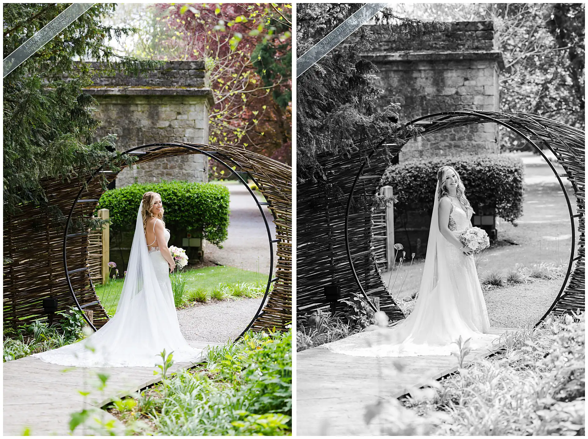 bride and black and white standing in Moon Arch at the Lapa, The Orangery Maidstone