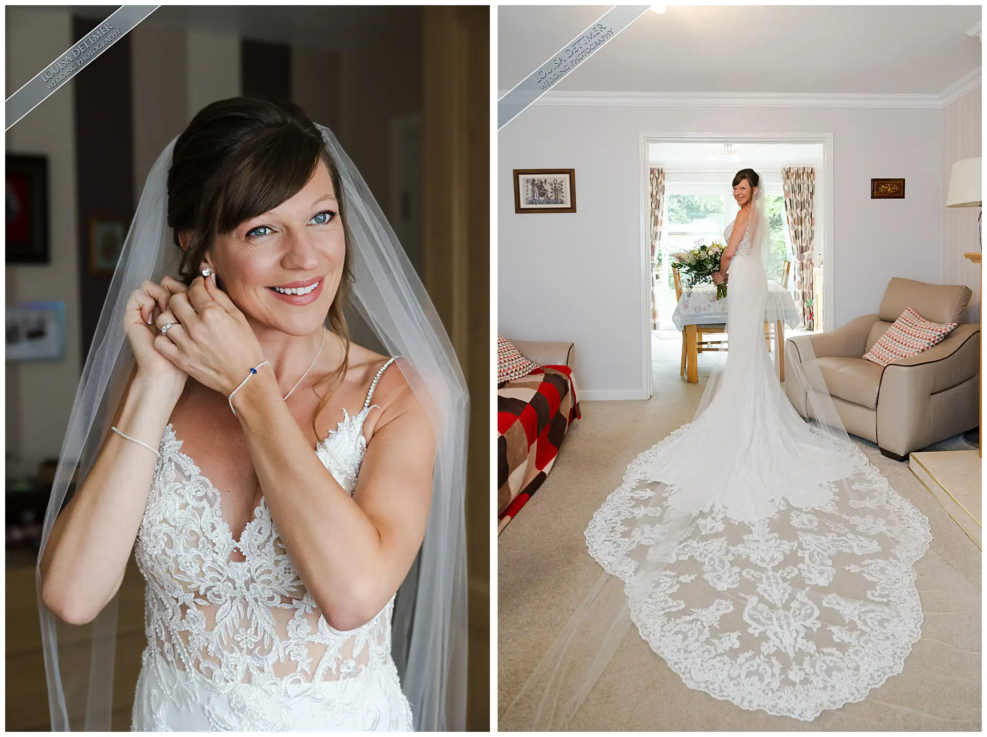 bride putting on ear rings, with long dress train