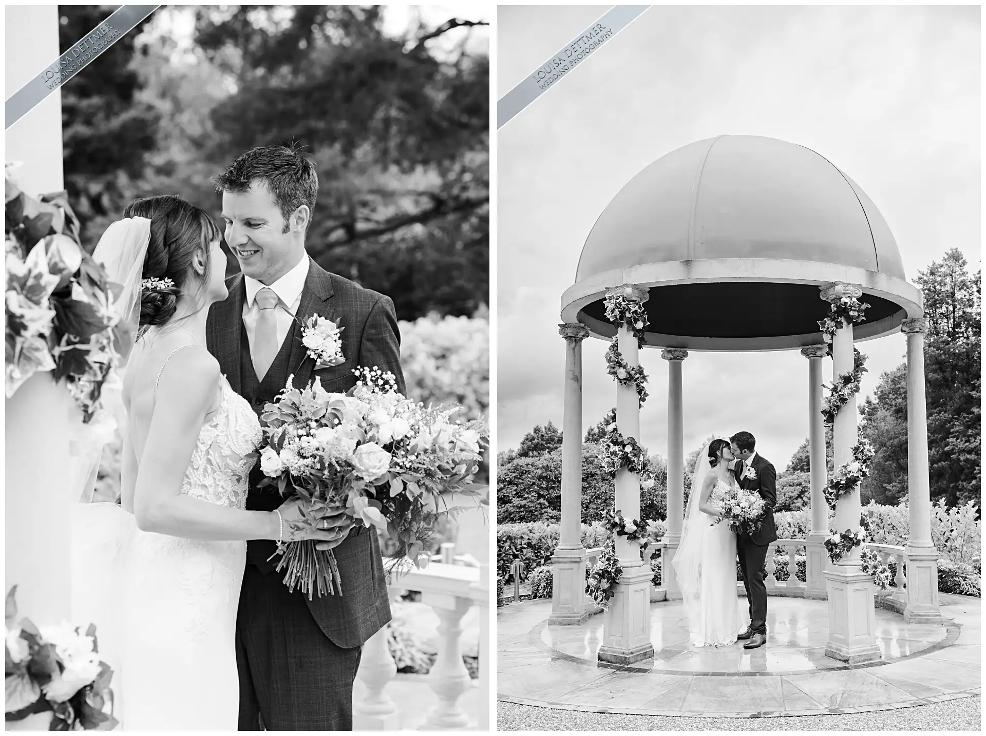 bride and groom kissing, black and white at The Spa Hotel, Tunbridge Wells