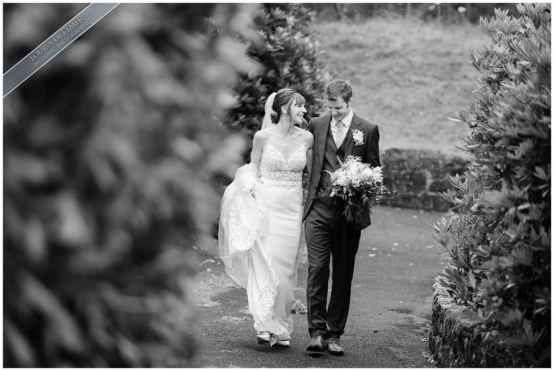 bride and groom walking at The Spa Hotel, Tunbridge Wells
