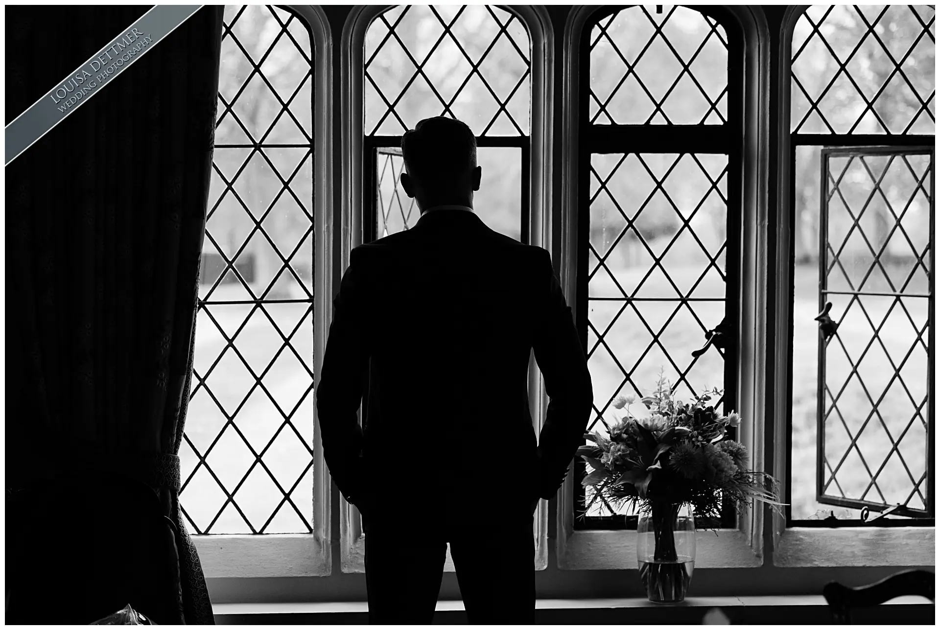 grooms prep, groom looking out window, black and white photo, eastwell manor