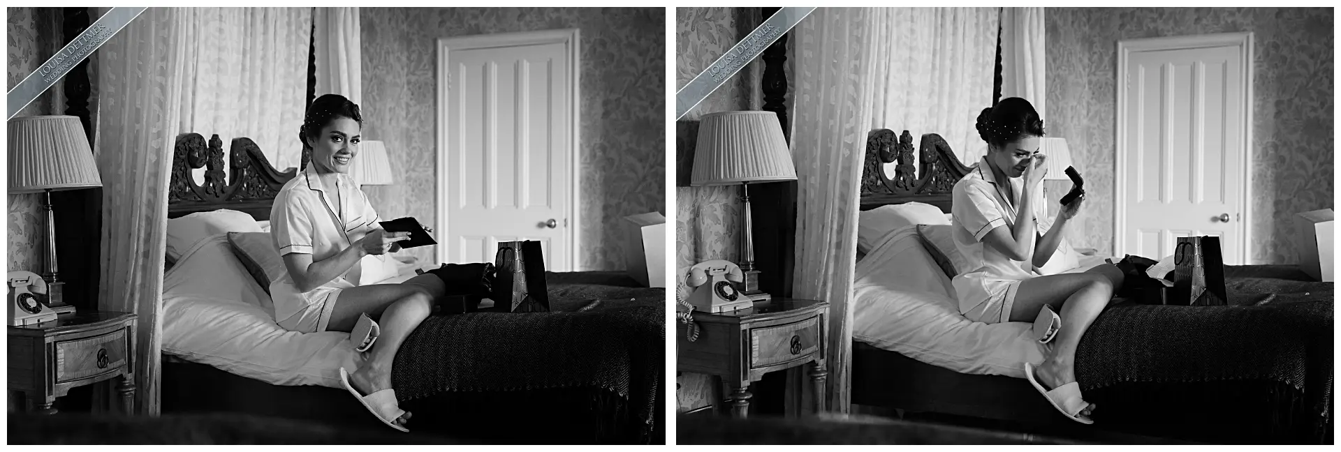 bride sitting on bed at eastwell manor, black and white photo, eastwell manor