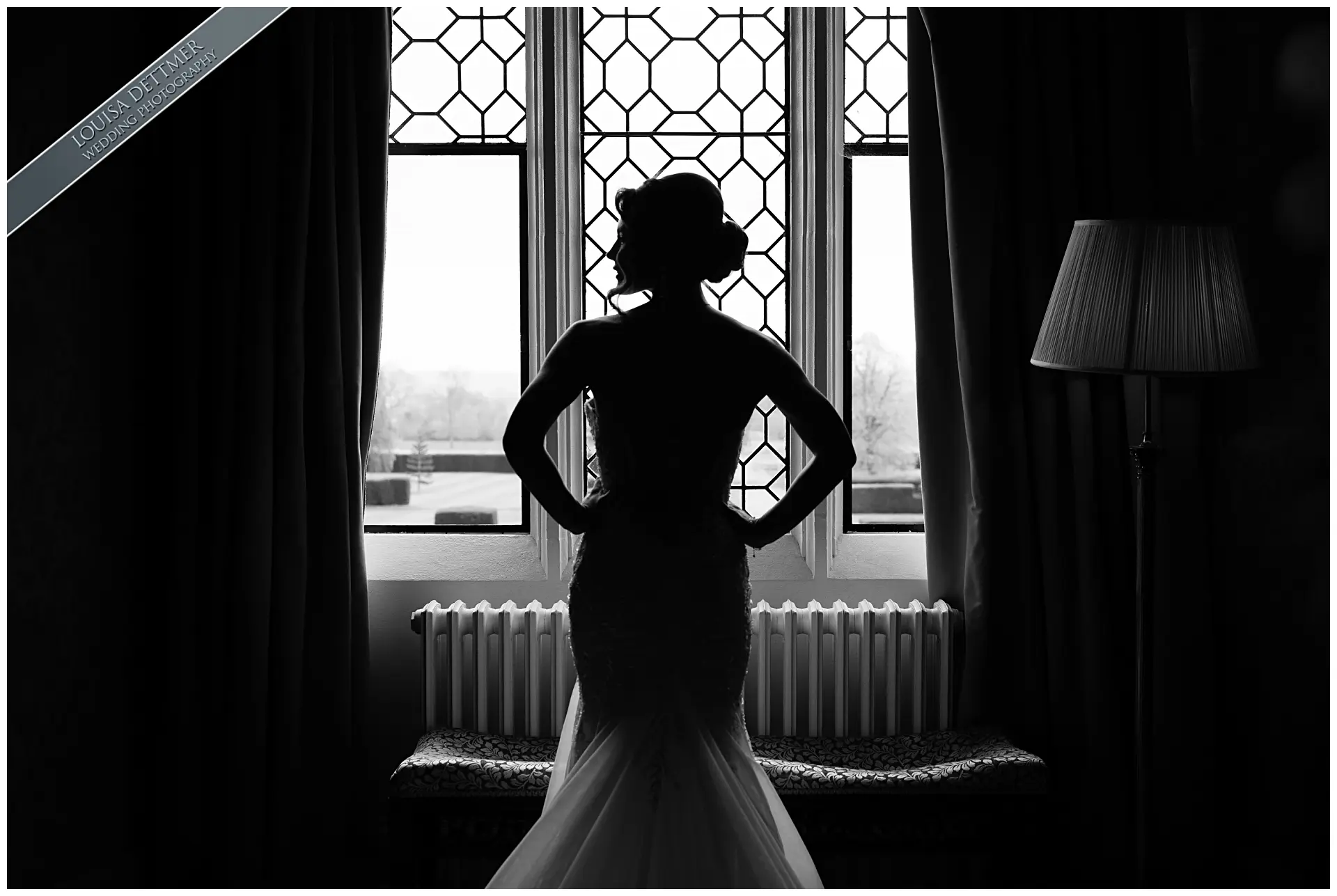 black and white, bridal portraits at eastwell manor by louisa dettmer