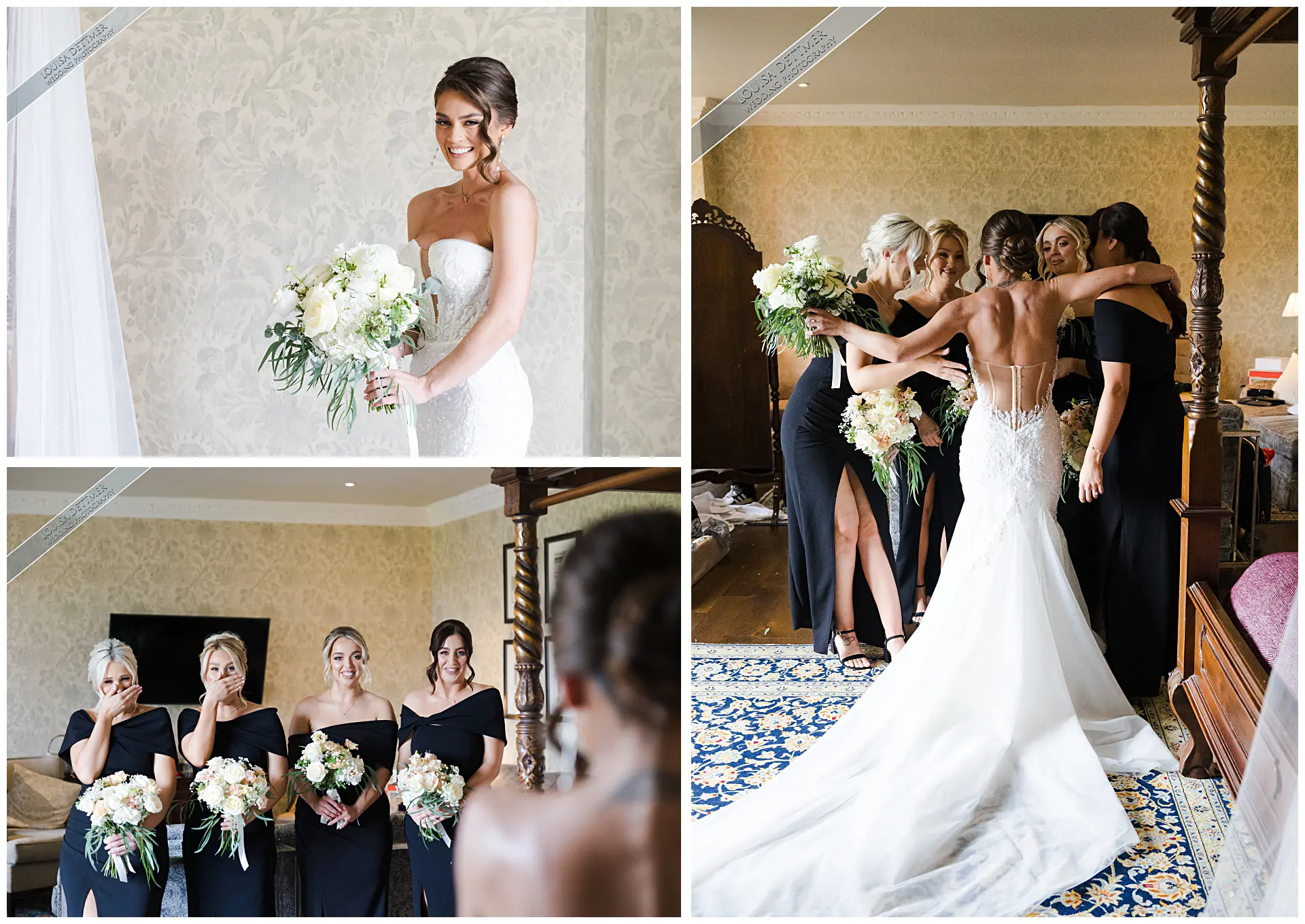 bride reveal to her bridsmaids, bride and her bridesmaids, louisa dettmer photography, champneys eastwell manor