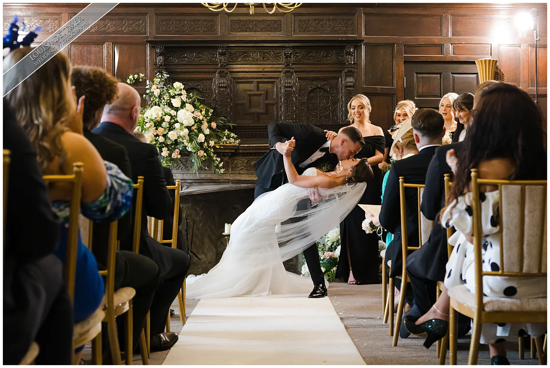 dip and kiss, indoor wedding ceremony, eastwell manor