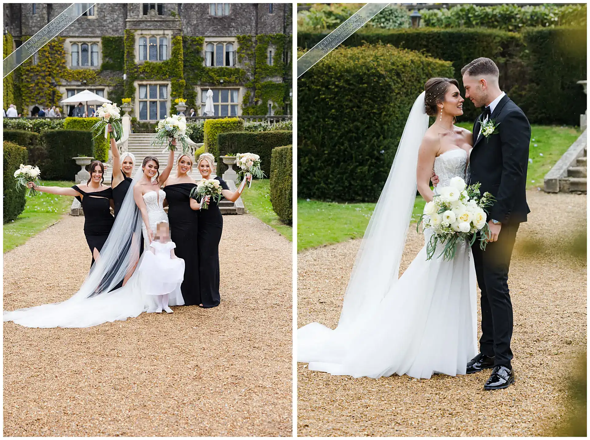 Two-panel wedding photo: left shows the bride with her veil and bridesmaids in black dresses posing with bouquets at an ivy-covered estate, right shows the bride and groom facing each other in formal attire with a bouquet in a garden.