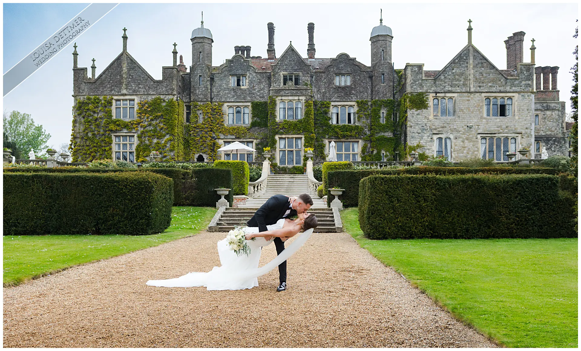 bride and groom in the grounds at champneys eastwell manor, louisa dettmer photography