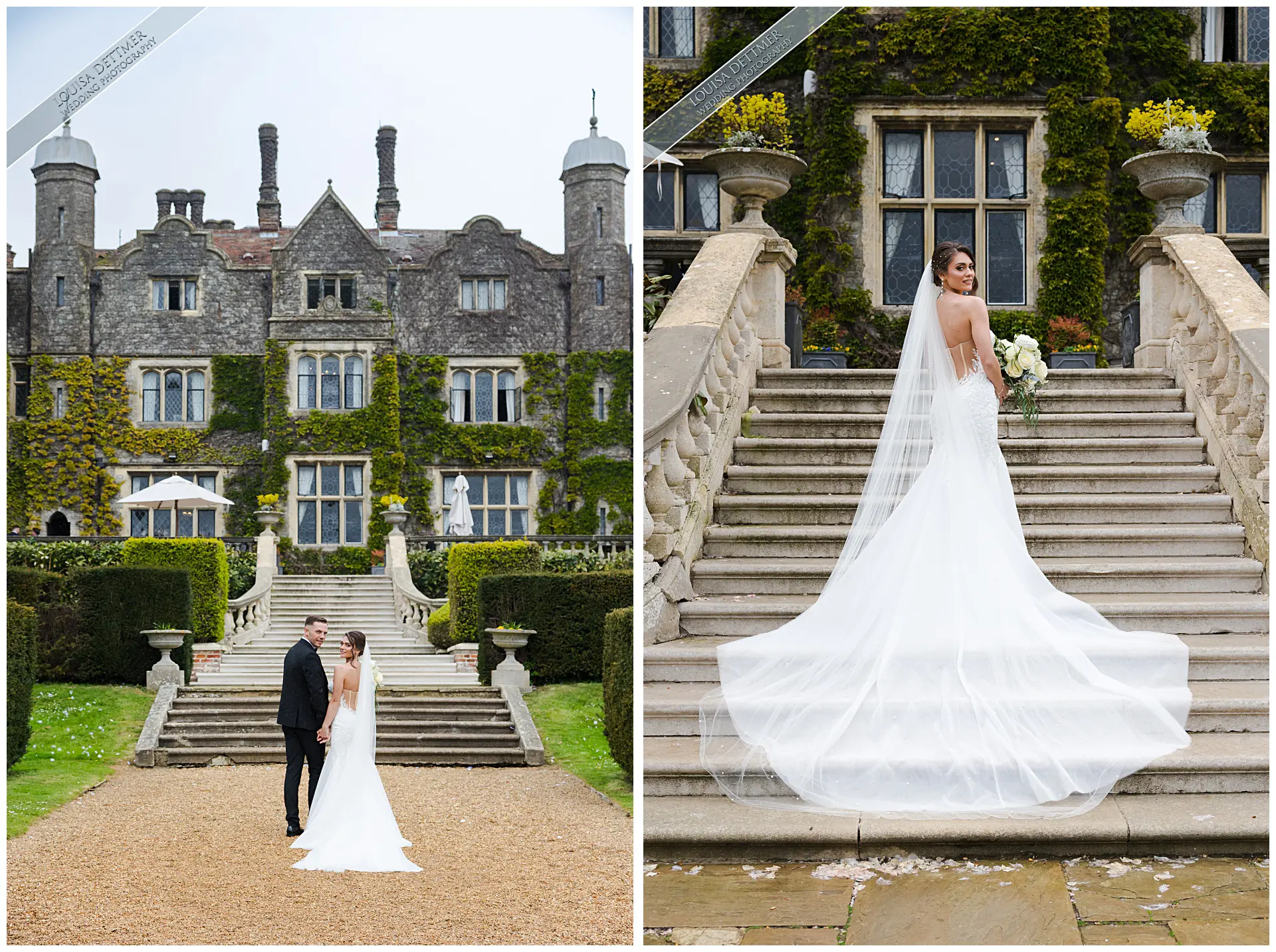 bride on the steps at champneys eastwell manor, louisa dettmer photography