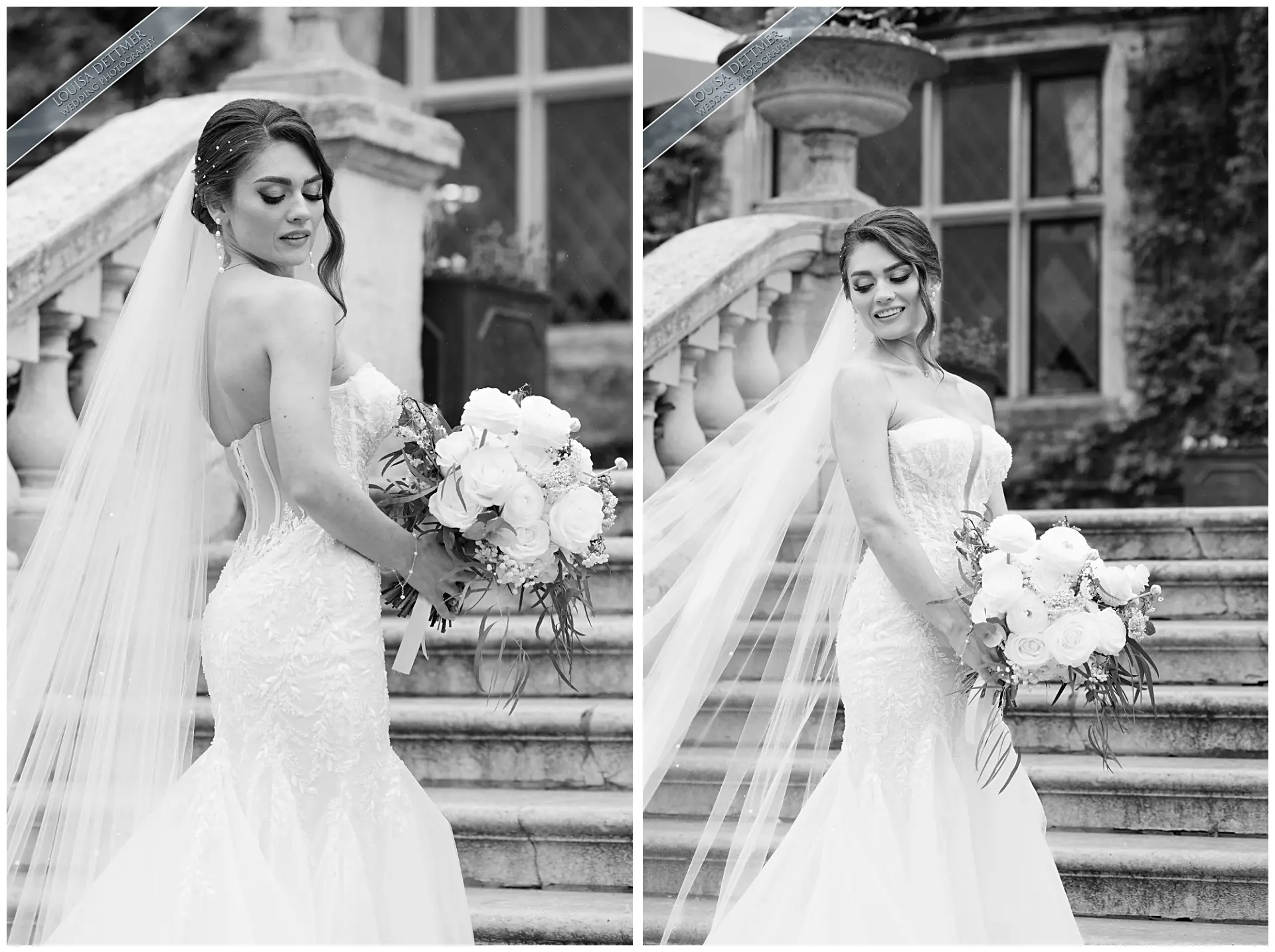 bride on the steps at champneys eastwell manor, louisa dettmer photography