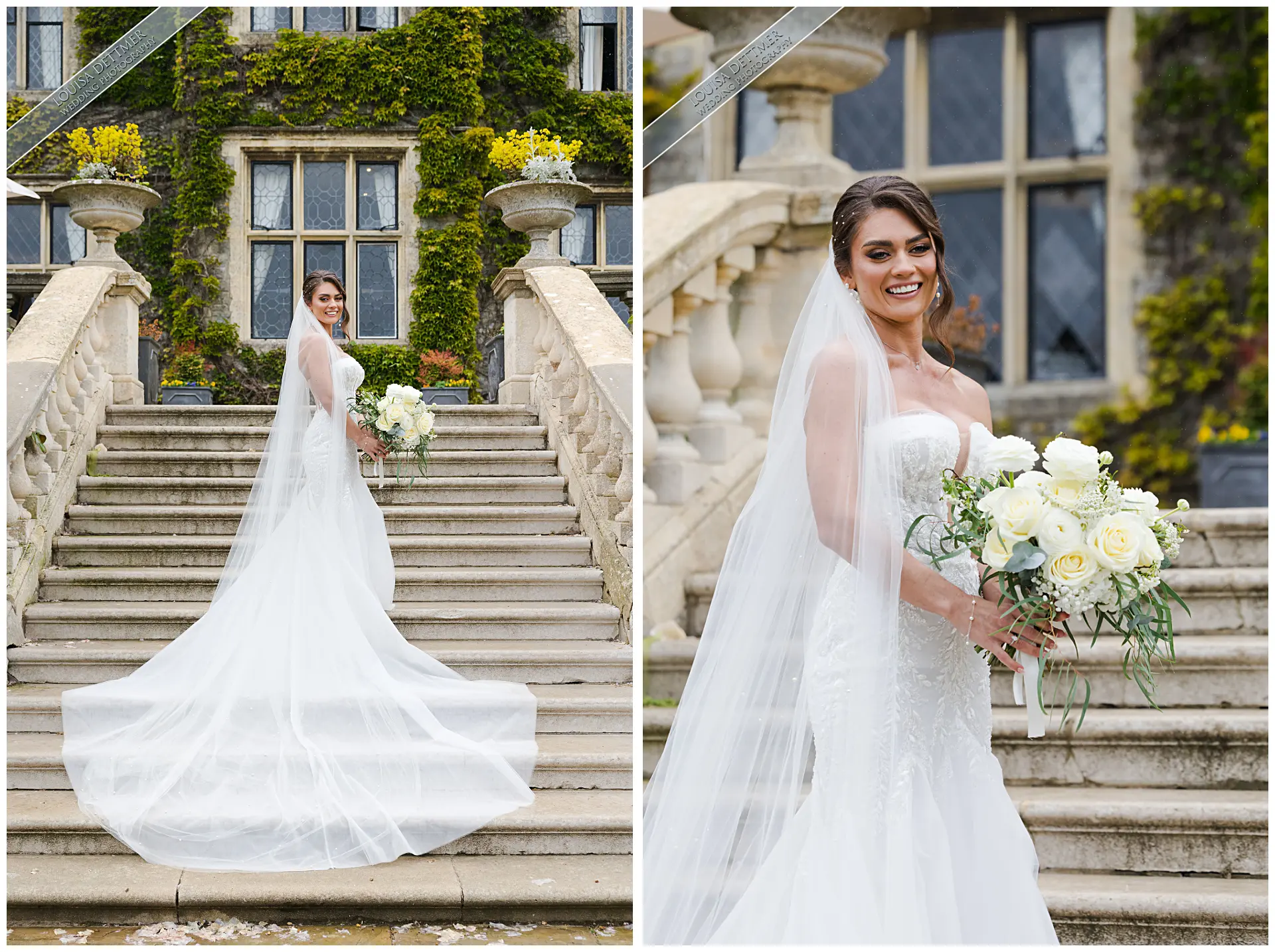 bride on the steps at champneys eastwell manor, louisa dettmer photography