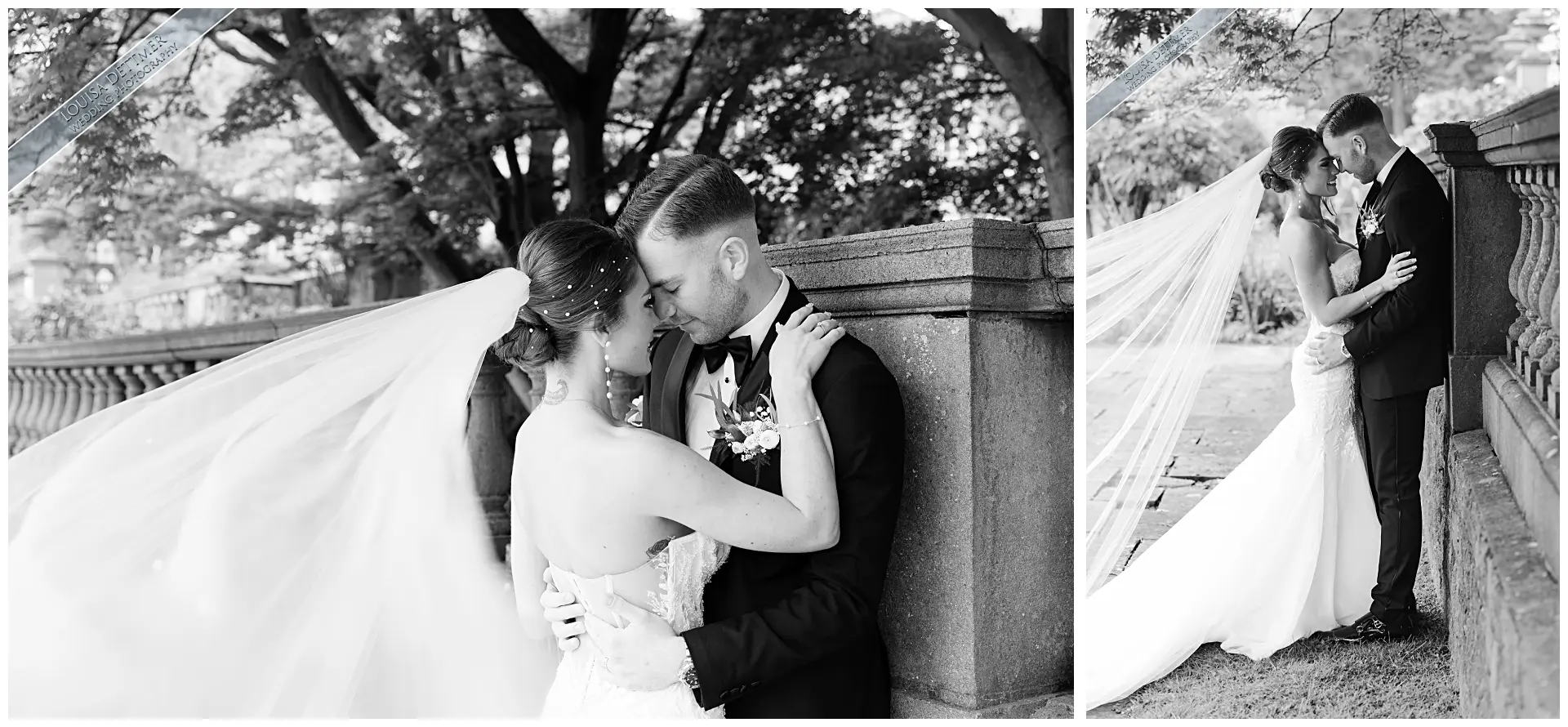 bride and groom in the italian gardens at Eastwell manor, black and white photo