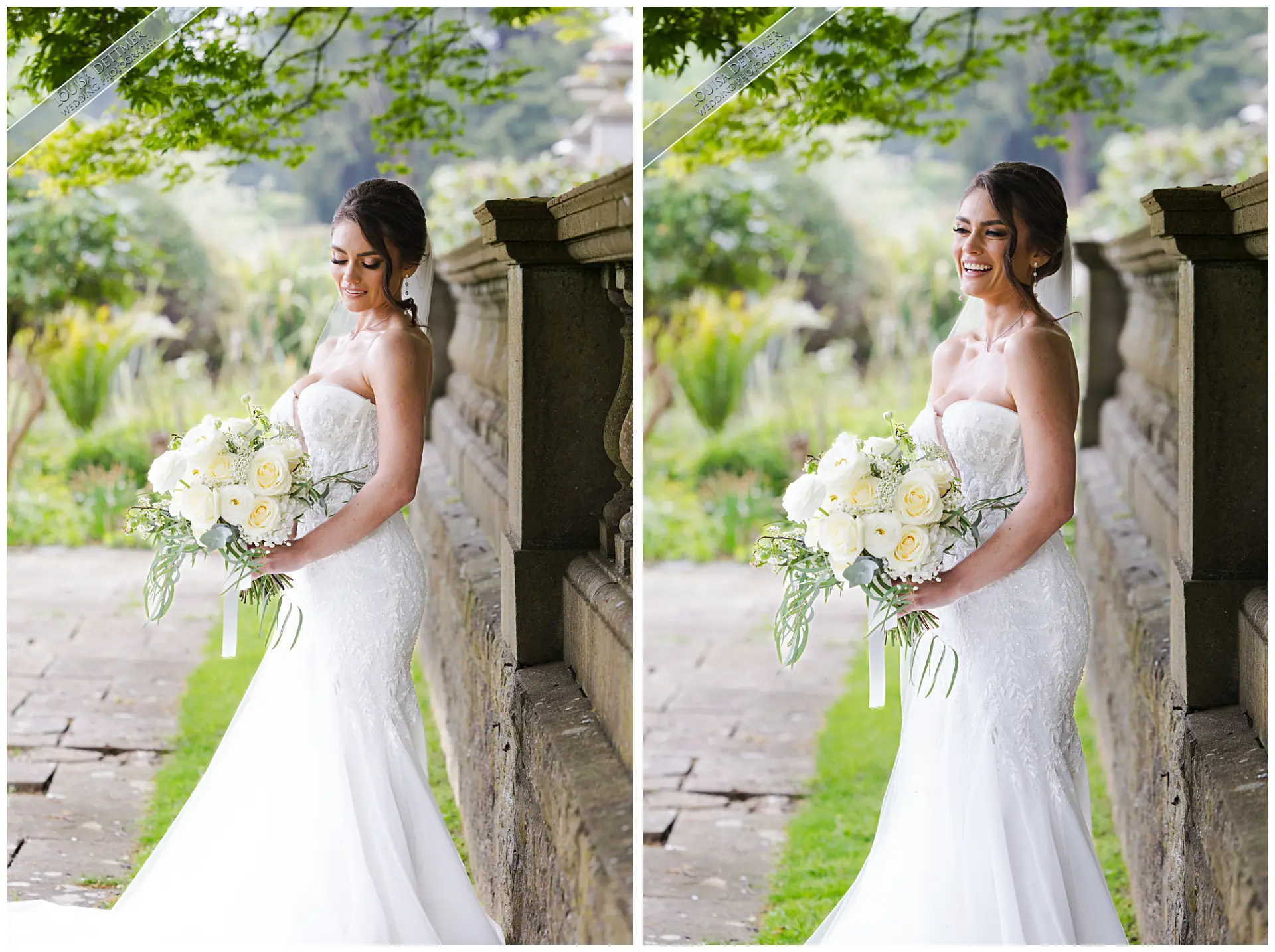 bride in the italian gardens at Eastwell manor