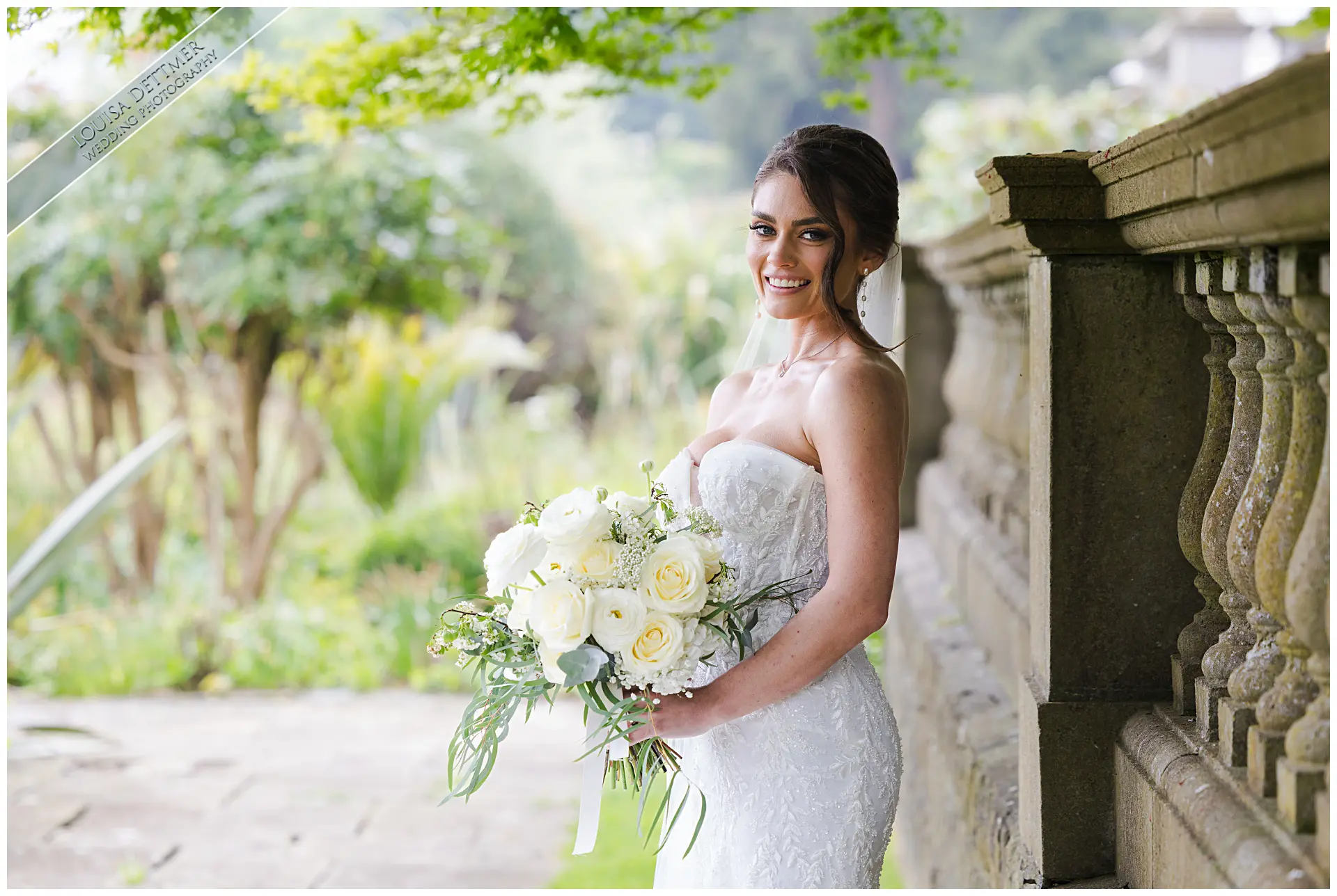 bride in the italian gardens at Eastwell manor