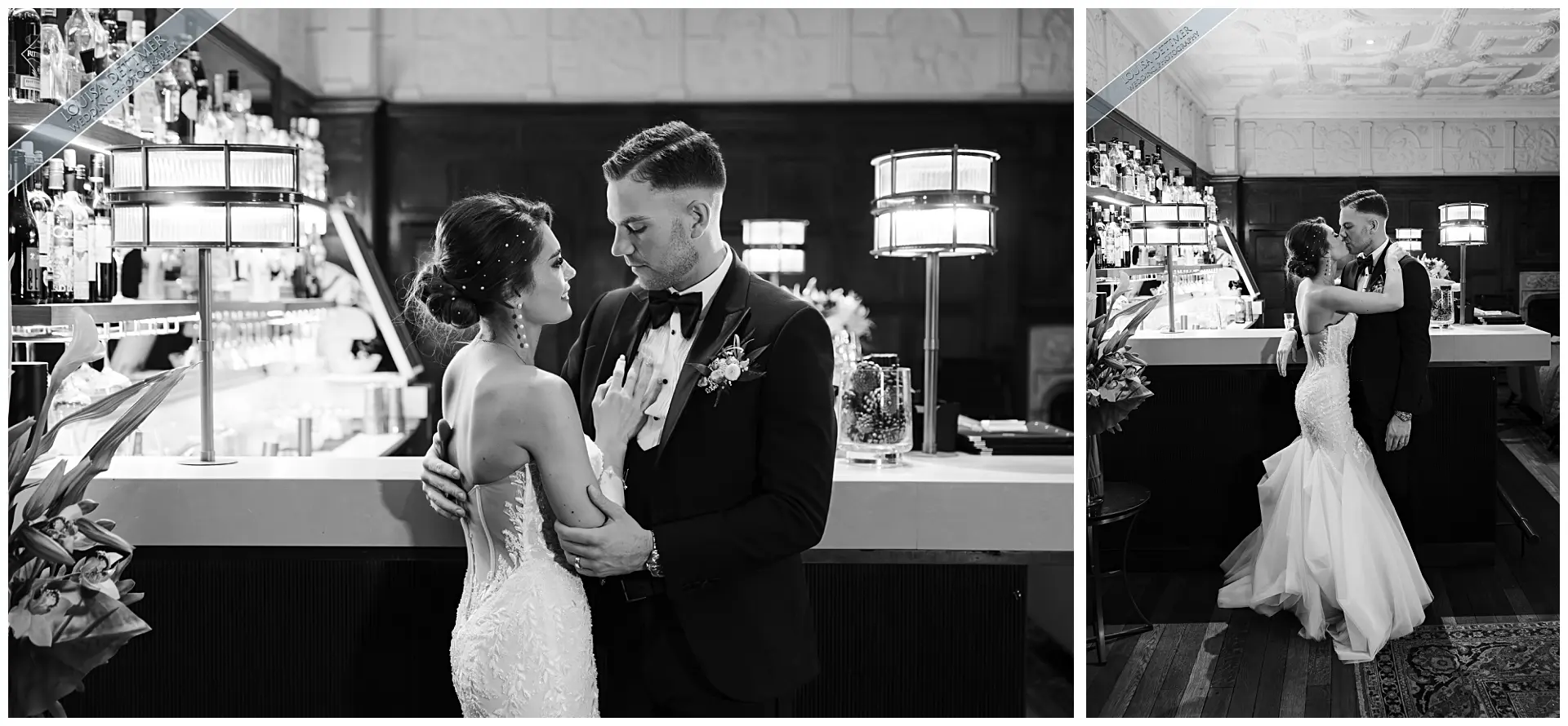 bride and groom, kissing, art deco bar, black and white photo, louisa dettmer photography, champneys eastwell manor,