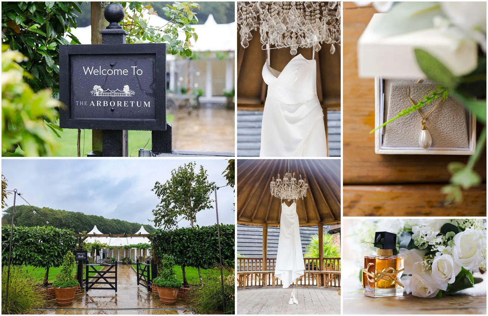 a collage of wedding dress from chandelier at The BarnYard, Rainham