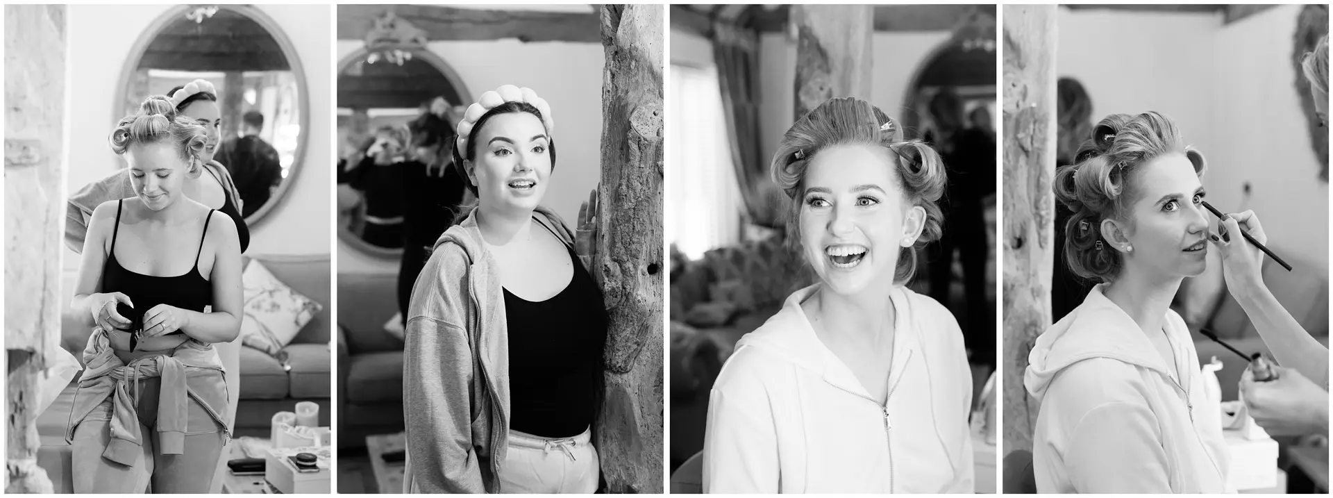 bridal prep in black & white at The Barnyard, Rainham, Kent. Louisa Dettmer Photography