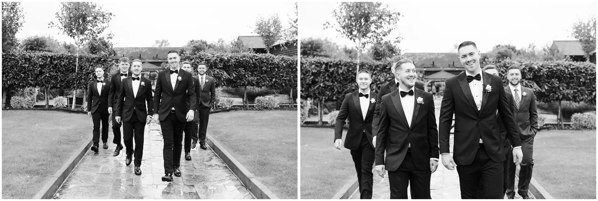 Groomsmen walking, black & white, at The Barnyard, Rainham, Kent. Louisa Dettmer Photography