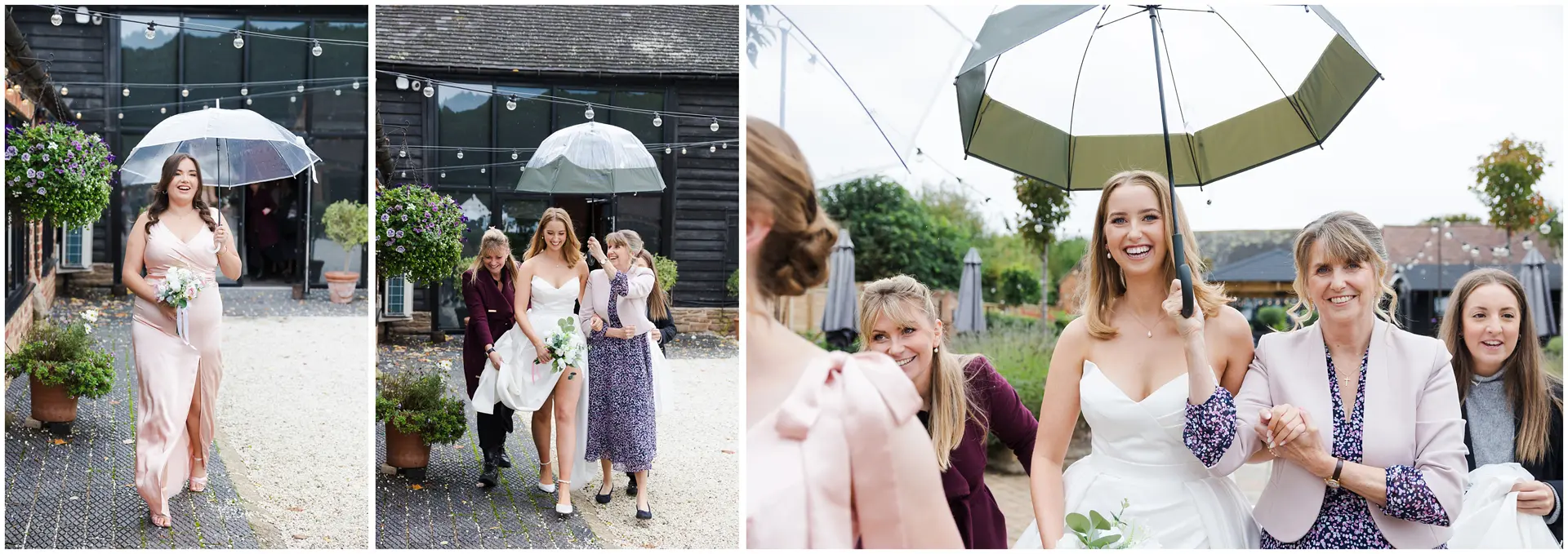 bride walking to the ceremony on her wedding day in the rain at The Barnyard, Rainham, Kent. Louisa Dettmer Photography