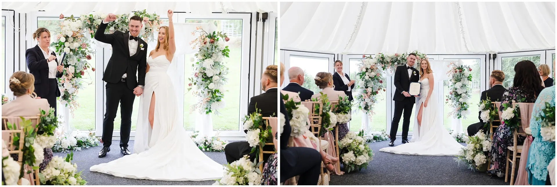 Indoor wedding ceremony at The Barnyard, Rainham, Kent. Louisa Dettmer Photography