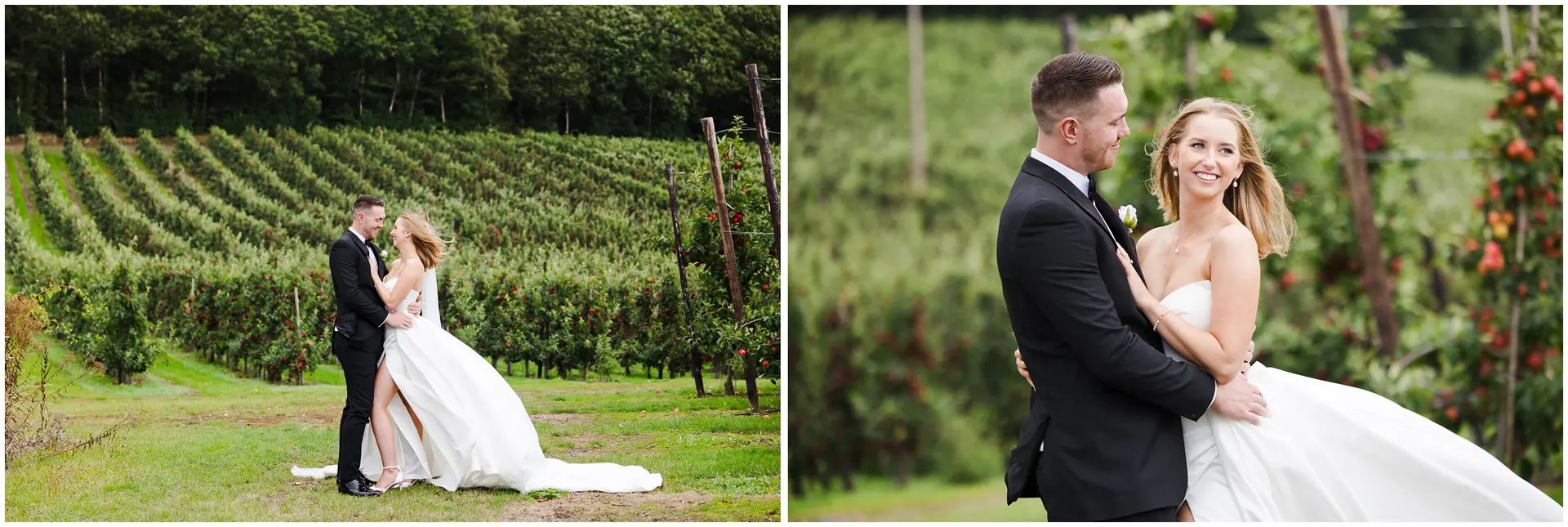 Bride and Groom in the Apple Orchard at The Barnyard, Rainham, Kent. Louisa Dettmer Photography