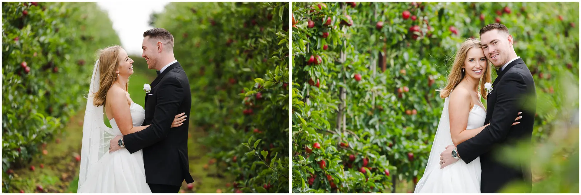 Bride and Groom in the Apple Orchard at The Barnyard, Rainham, Kent. Louisa Dettmer Photography