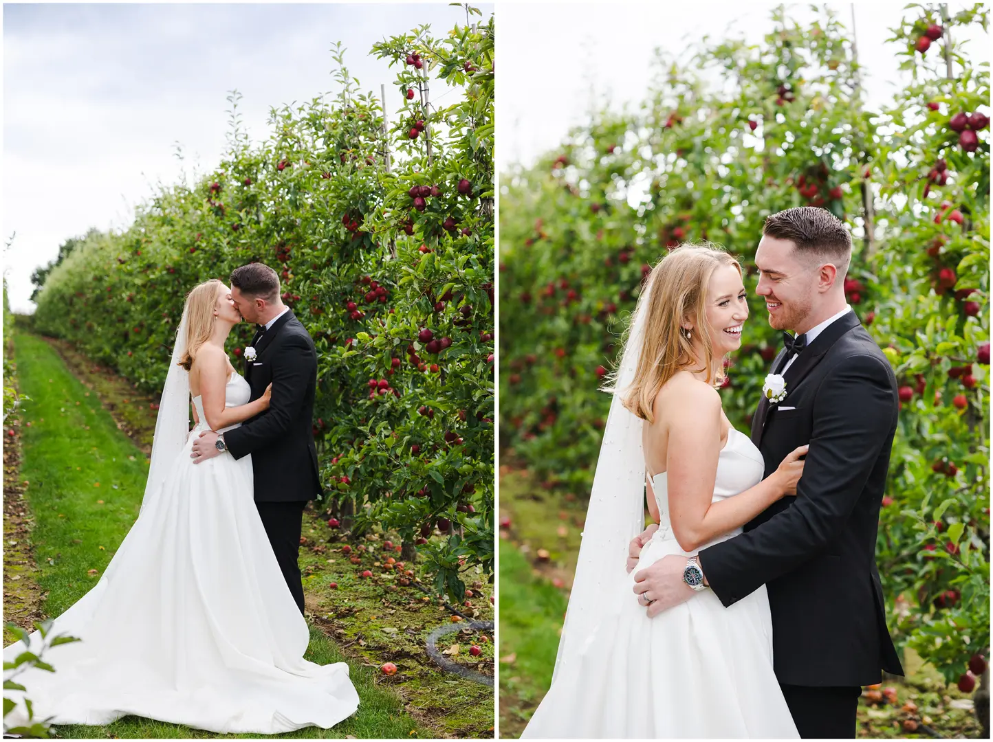 Bride and Groom in the Apple Orchard at The Barnyard, Rainham, Kent. Louisa Dettmer Photography