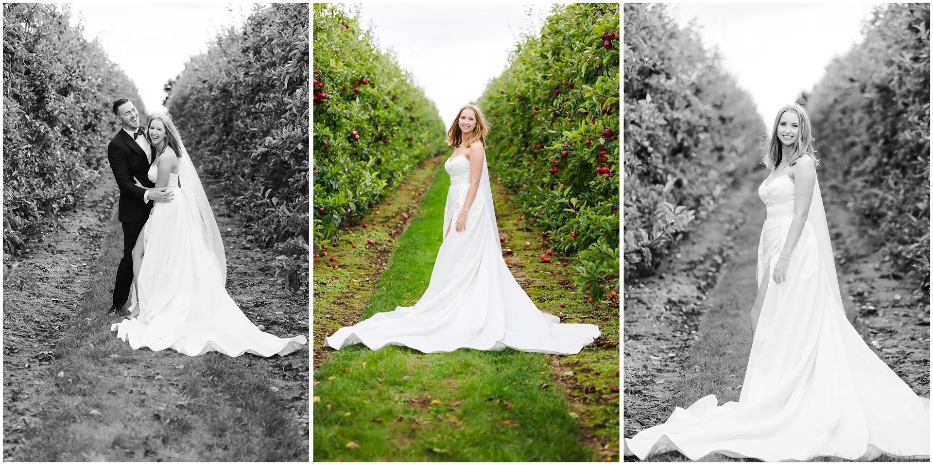 Bride and Groom in the Apple Orchard at The Barnyard, Rainham, Kent. Louisa Dettmer Photography