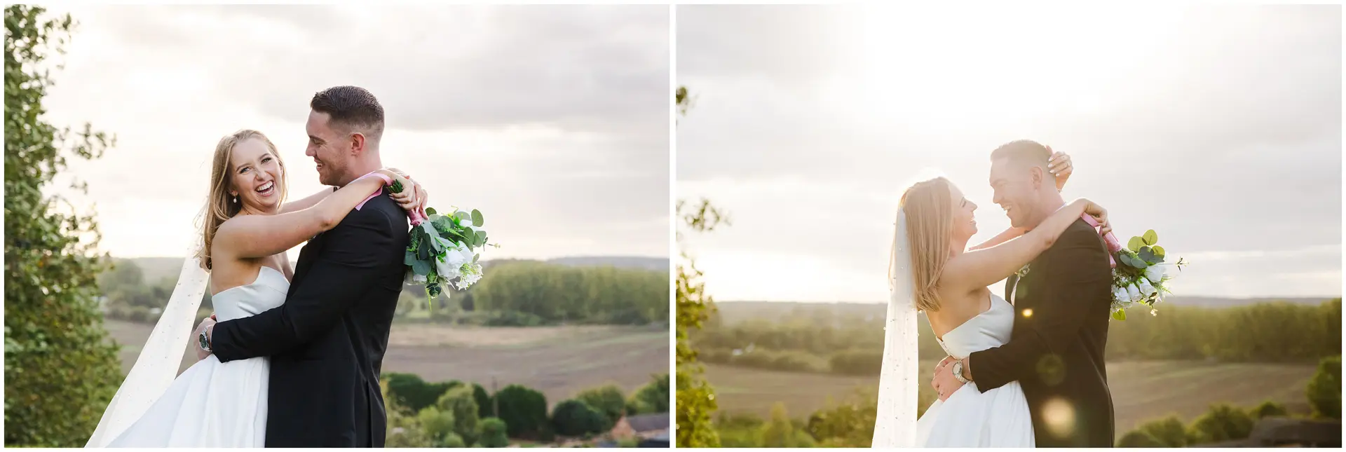 Bride and Groom at sunset at the Barnyard in Rainham, Kent