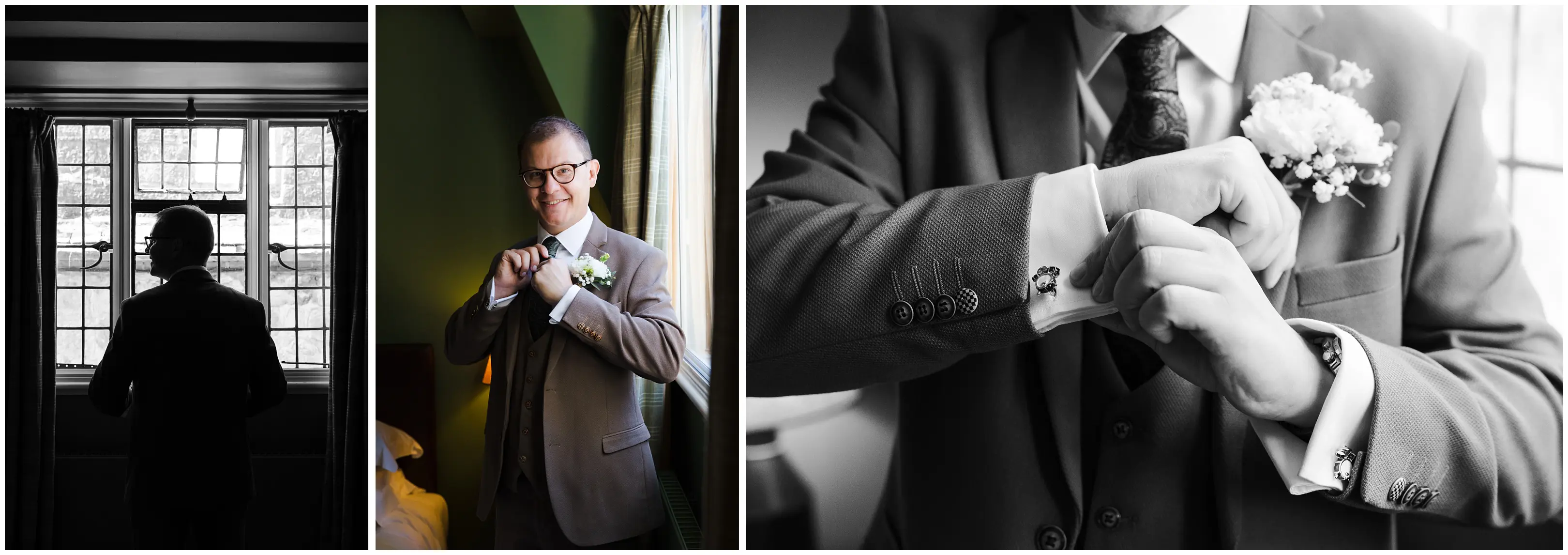 groom adjusting his boutonniere leeds castle, louisa dettmer photography