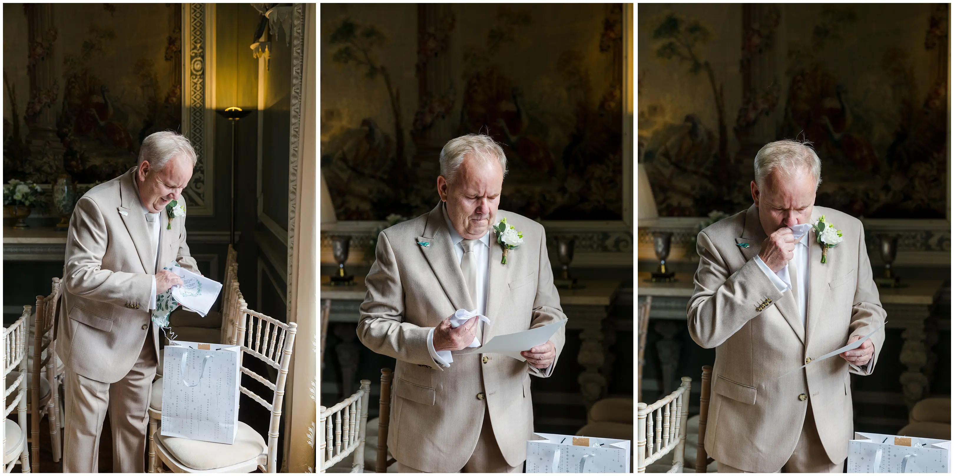 groom reading wedding cards leeds castle, louisa dettmer photography
