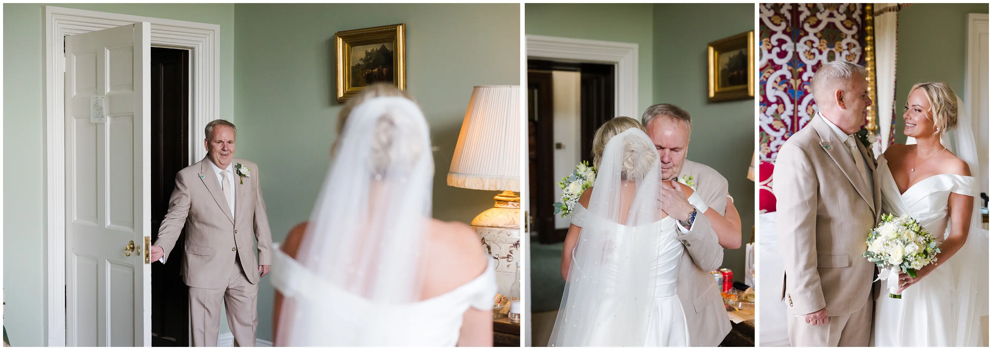 bridal arrival and father embrace leeds castle, louisa dettmer photography