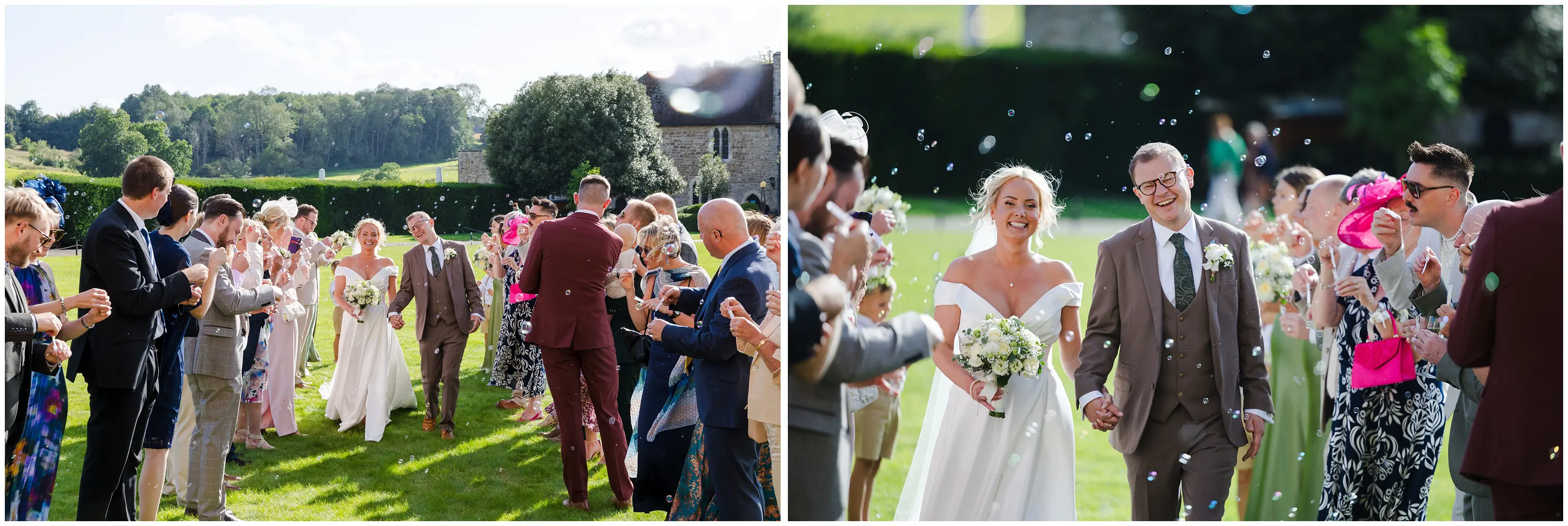 bride and groom walking through confetti leeds castle, louisa dettmer photography