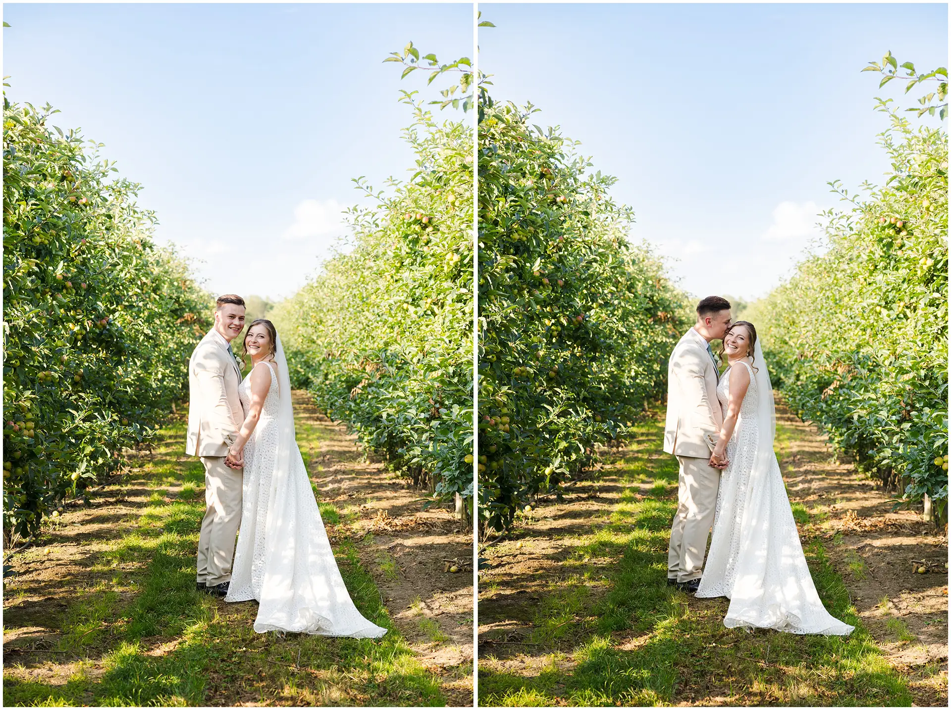 Bride and groom wedding photos inside the apple orchard at The Barnyard