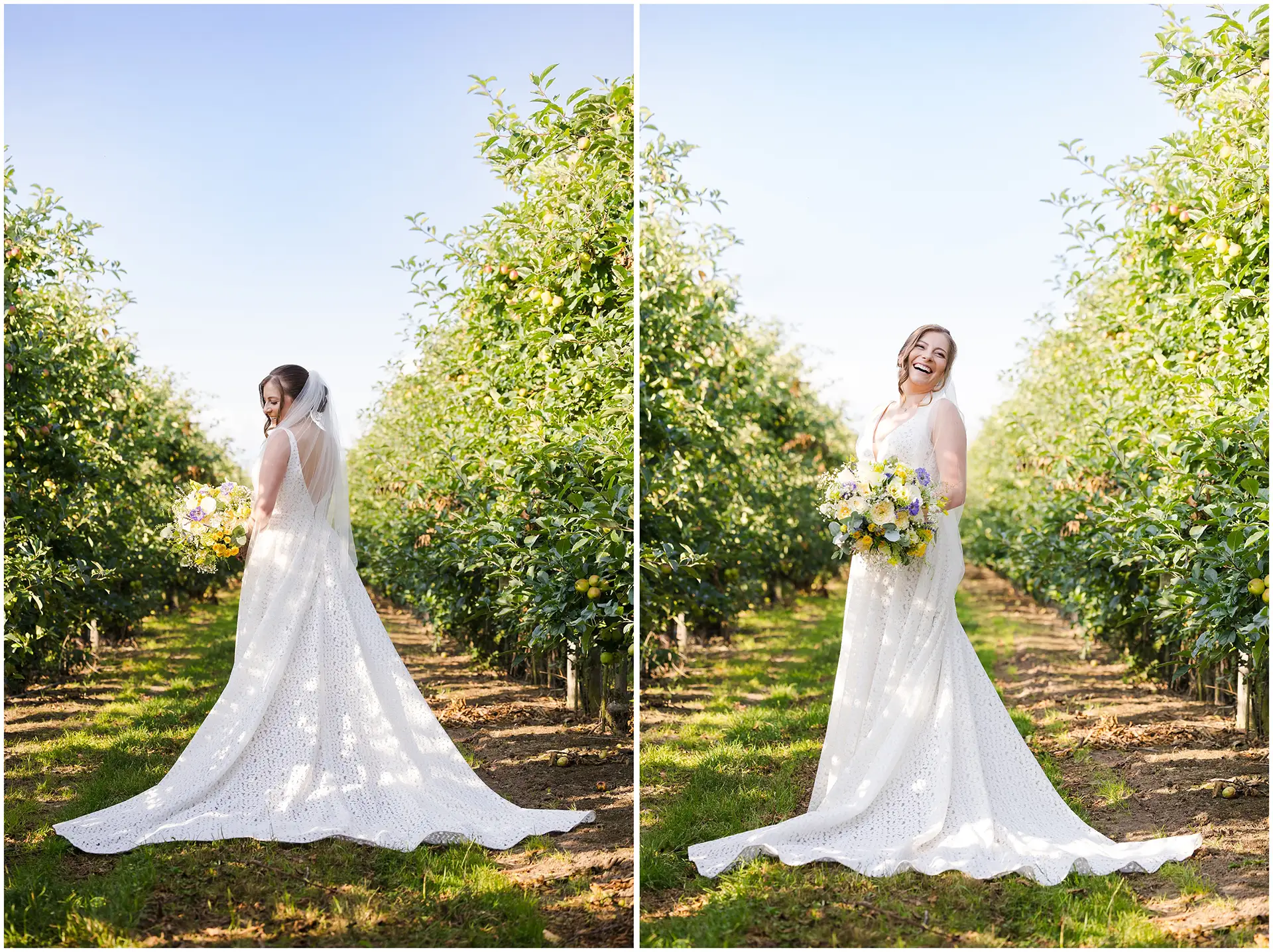 Bride and groom wedding photos inside the apple orchard at The Barnyard