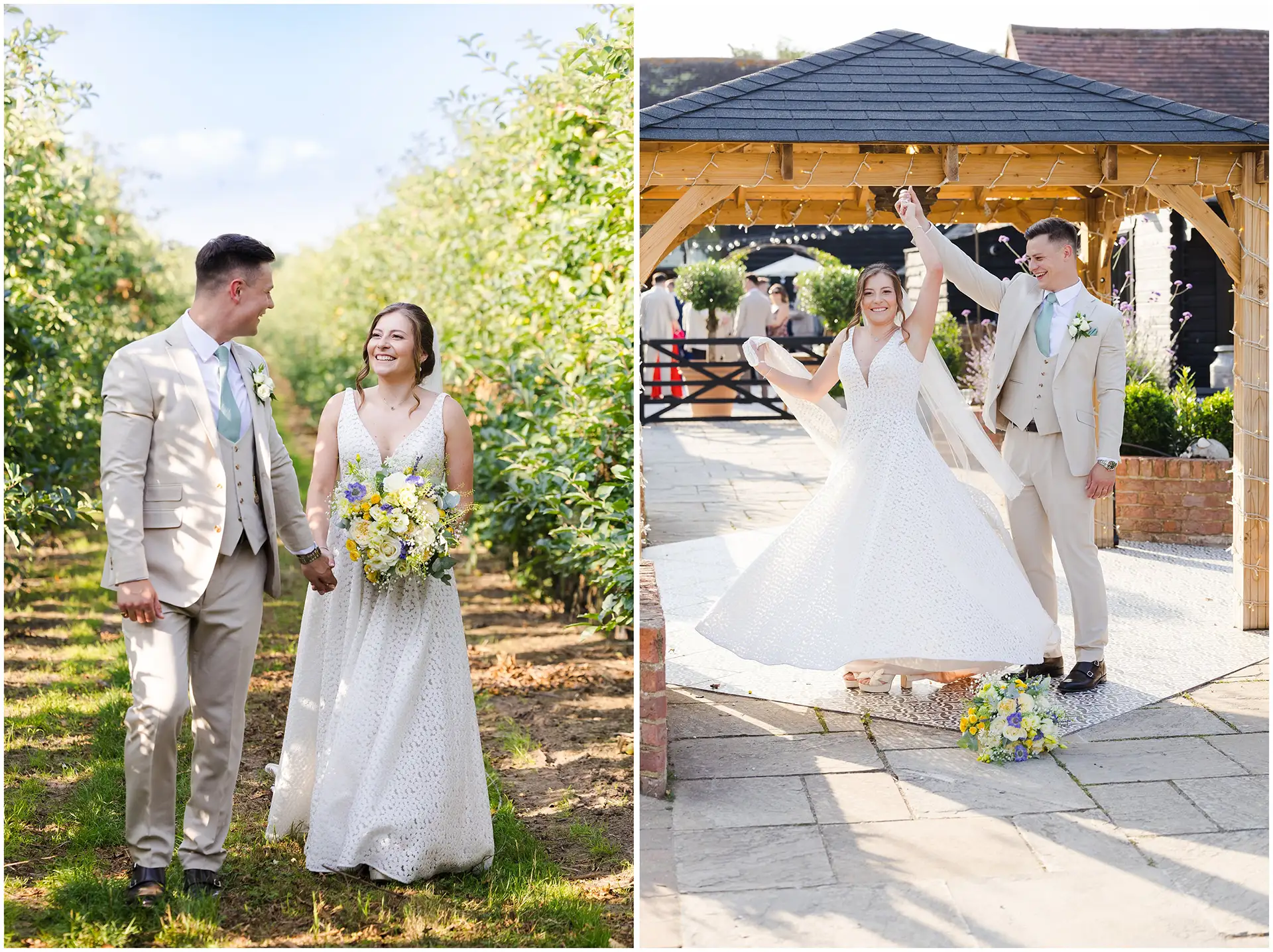 Bride and groom wedding photos inside the apple orchard at The Barnyard