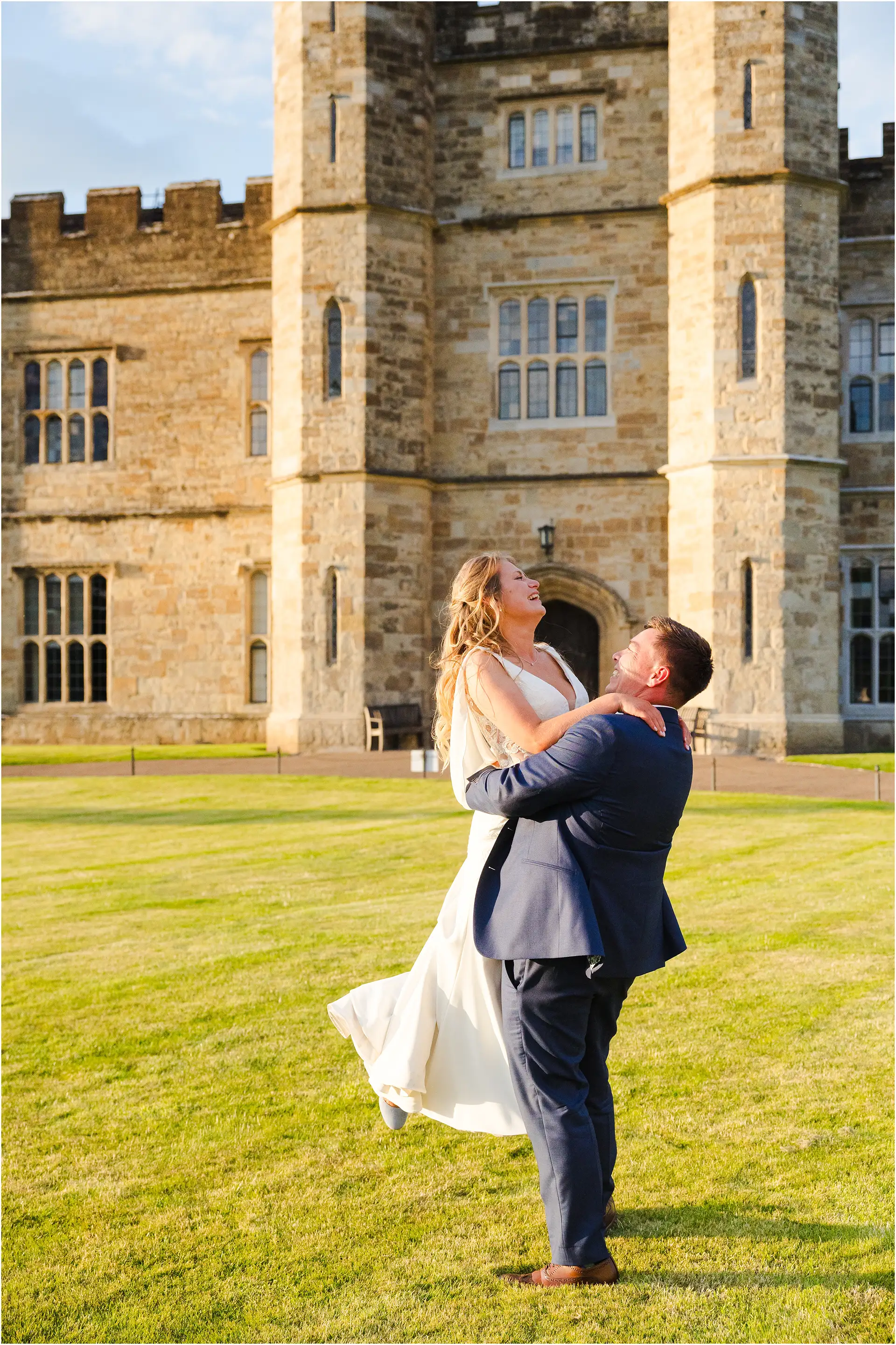 bride and groom at sunset at leeds castle wedding by louisa dettmer photography