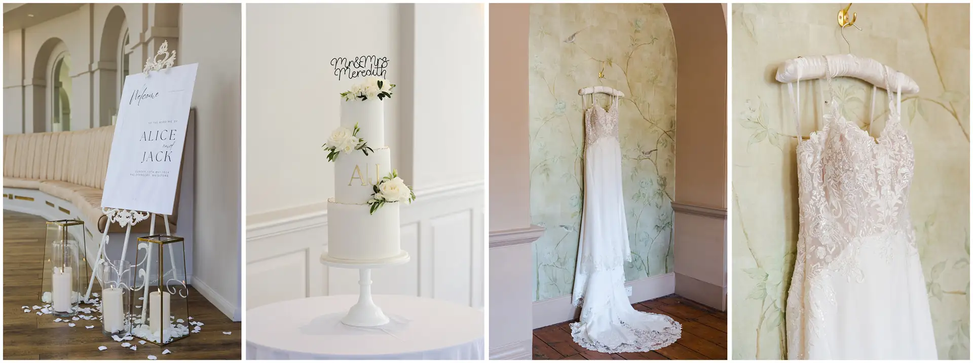 elegant wedding details collage wedding dress and cake