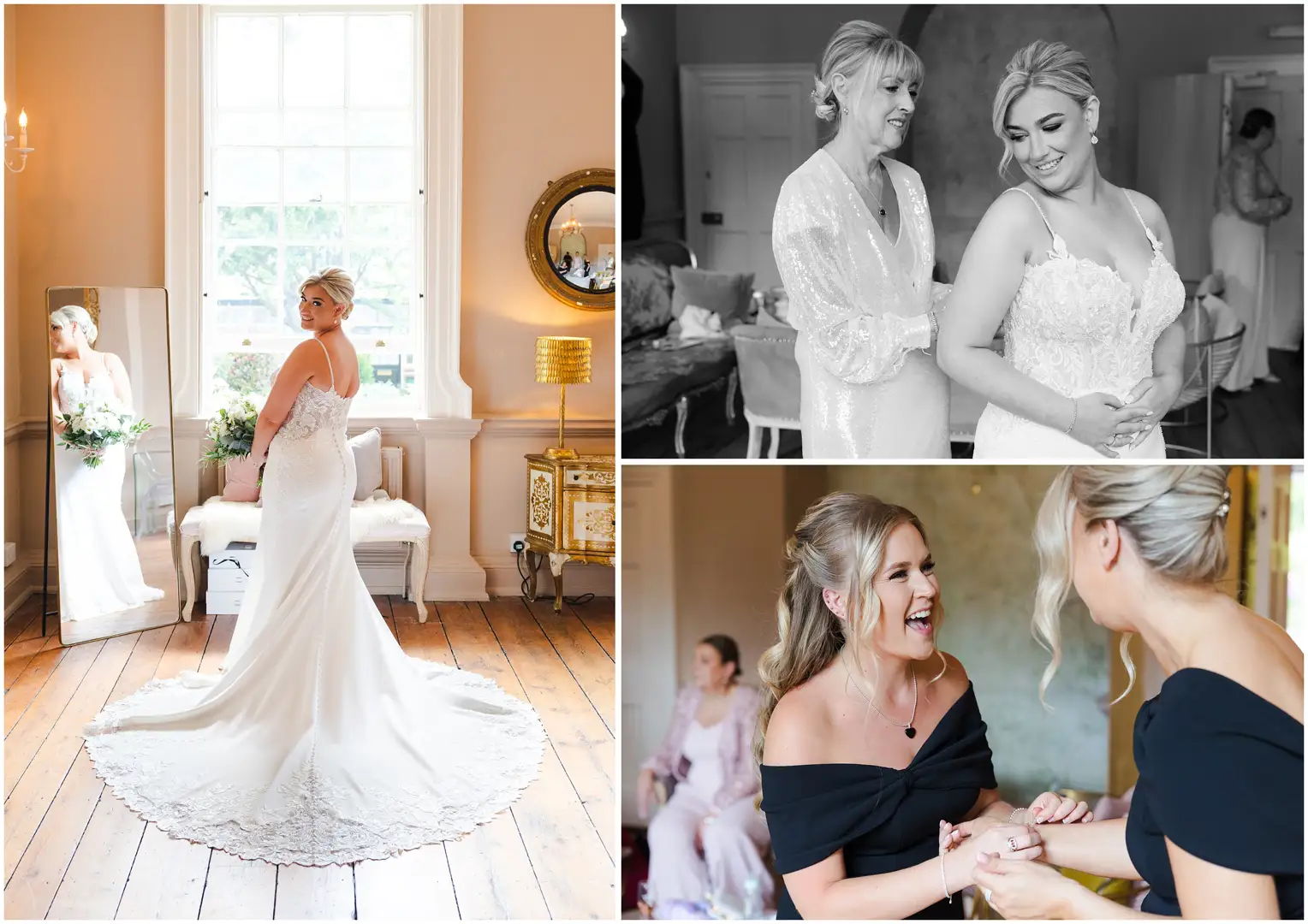 bride getting ready montage bride and her mum in black & white at the orangery maidstone