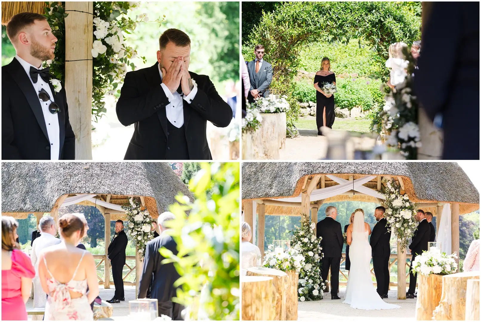 tearful moment at outdoor wedding lakeside wedding ceremony at the orangery maidstone