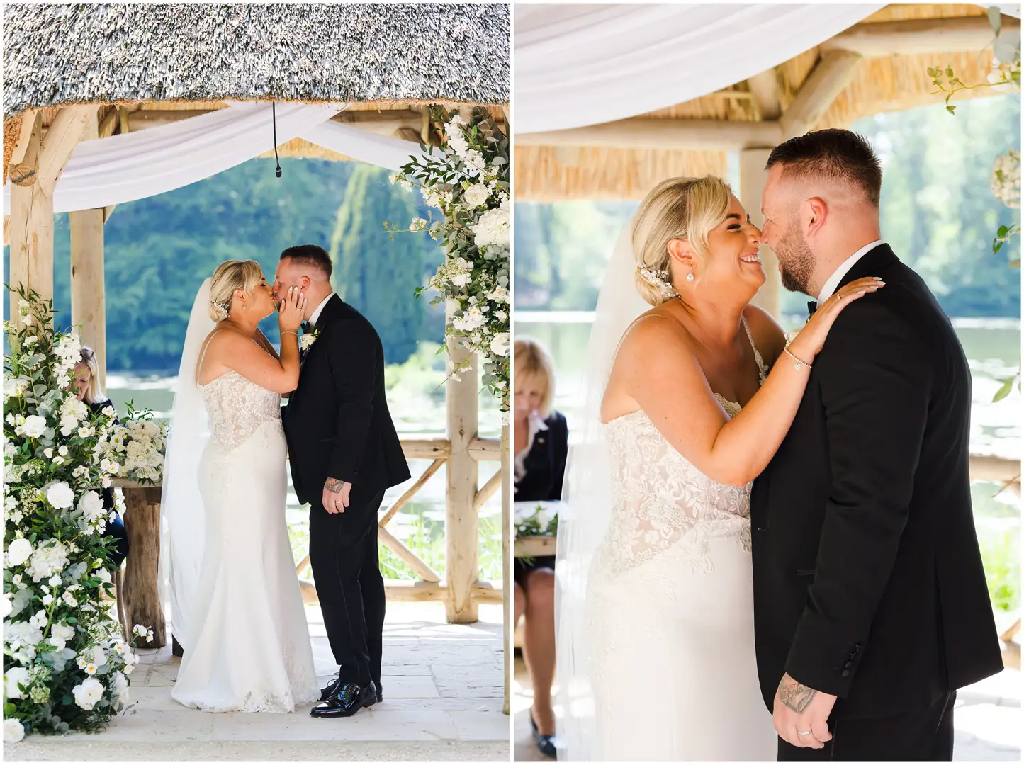 romantic outdoor wedding kiss lakeside wedding ceremony at the orangery maidstone