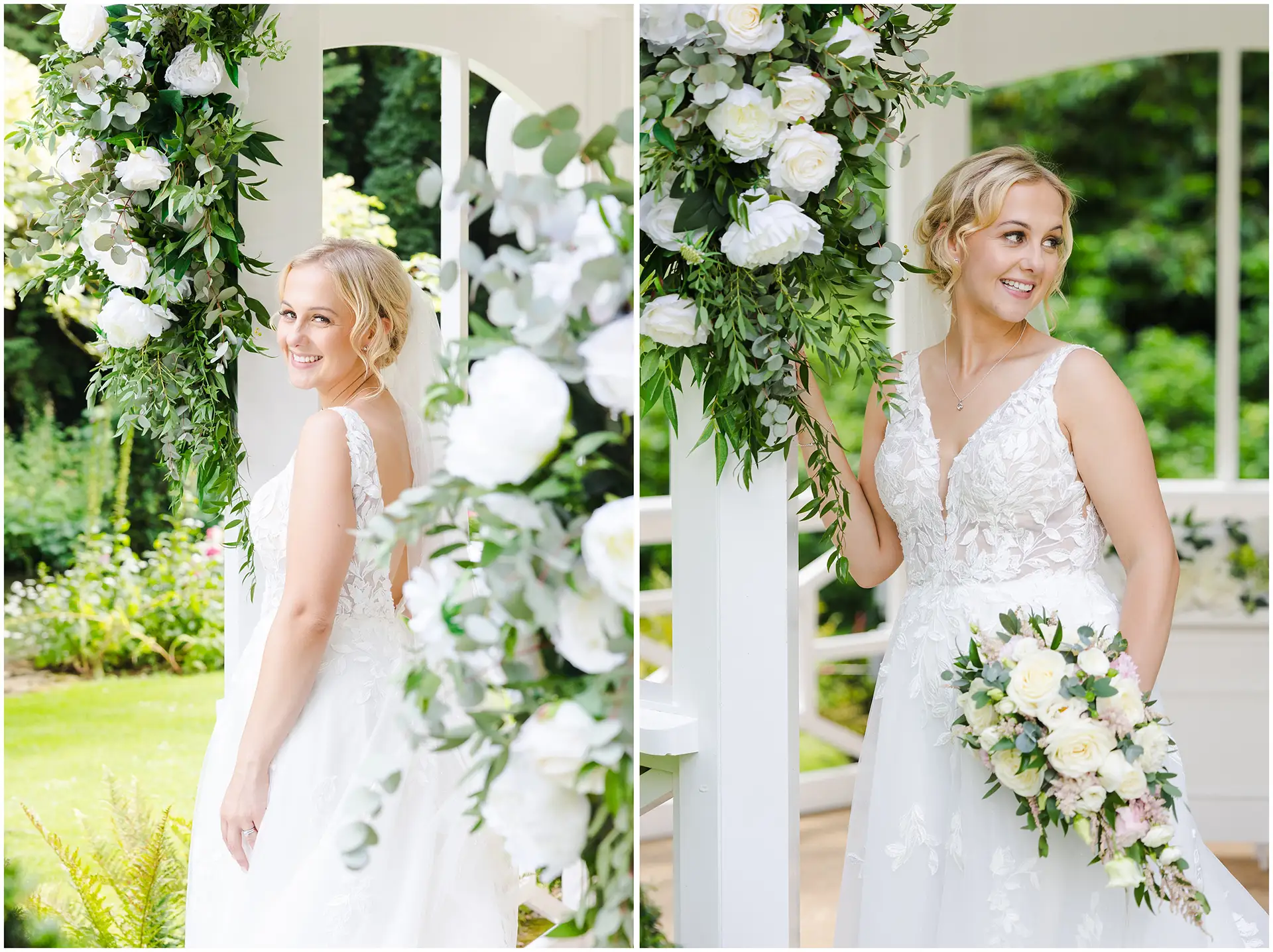 blonde bride in a white gazebo at The Orangery Maidstone