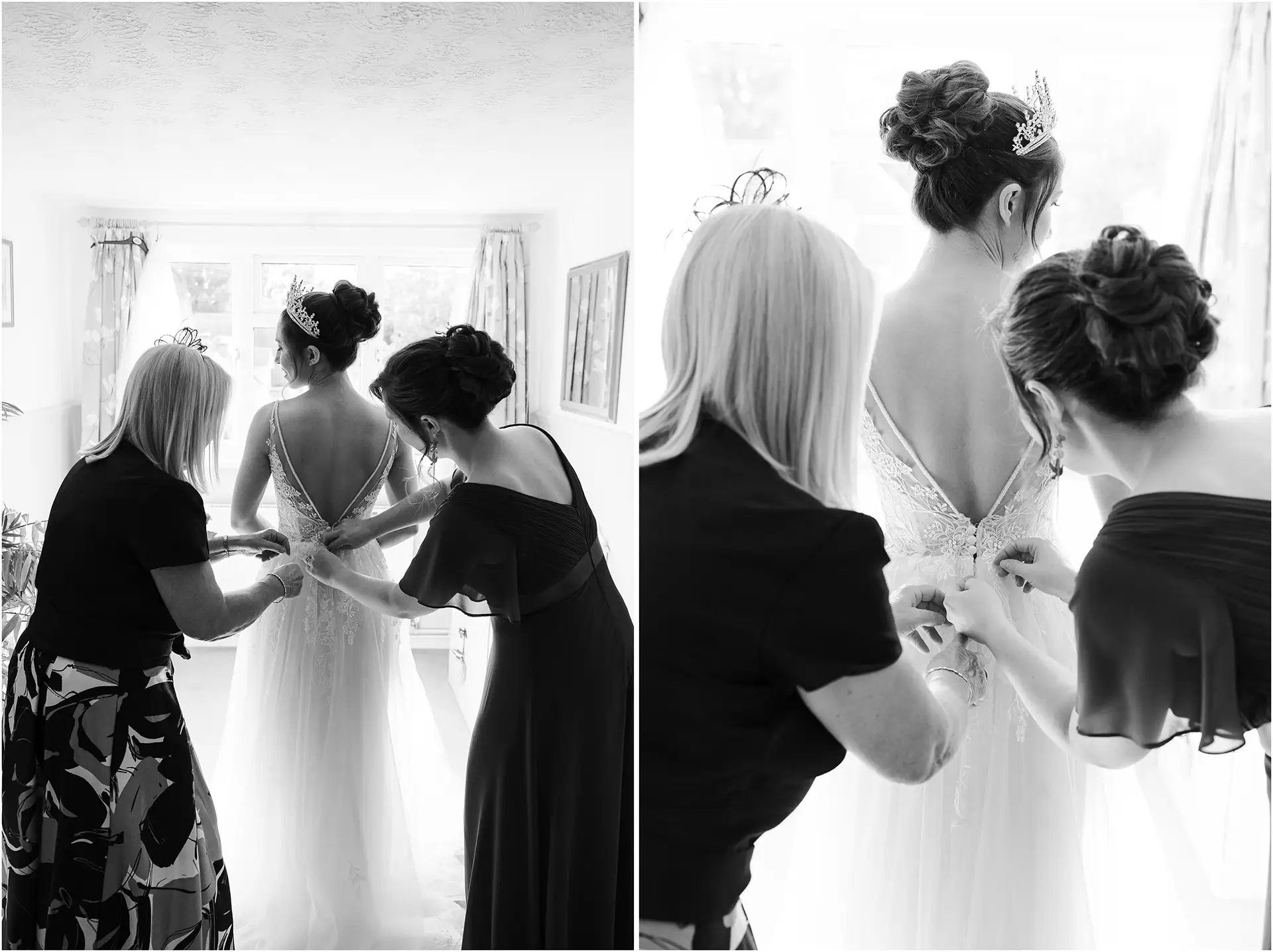 bridal prep with bridesmaids bride getting dressed with help from mum in black and white