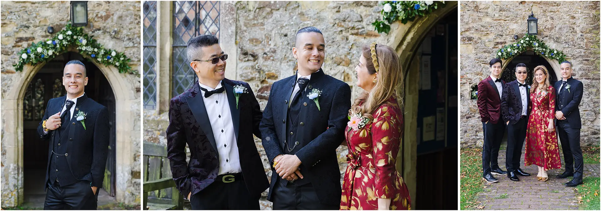 stone arch wedding portrait groom and his parents outside a church