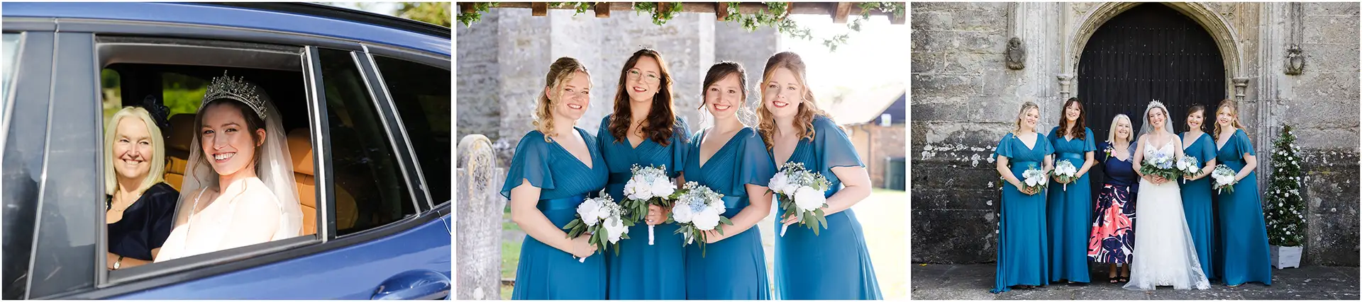 bridal party in teal dresses bridesmaids in blue dresses