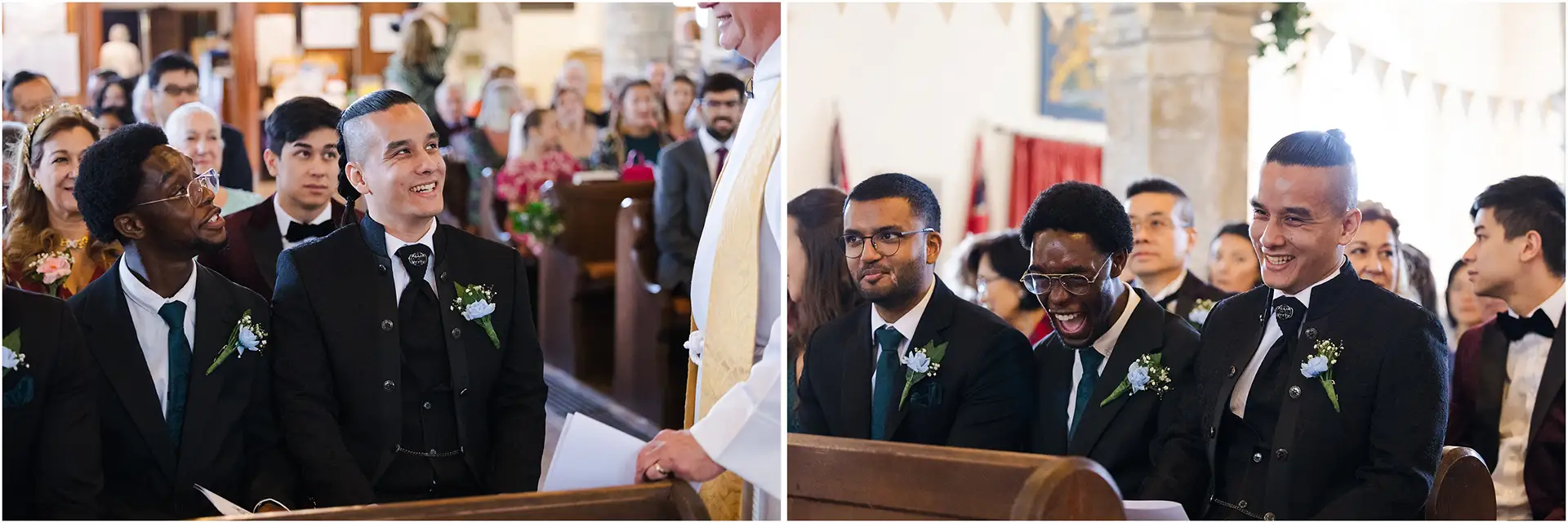 joyful grooms at wedding groom waiting for his bride inside a church