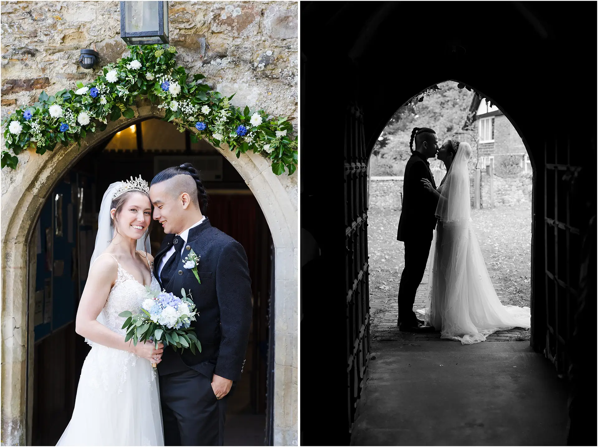 bride and groom under floral arch church wedding photos by louisa dettmer photography