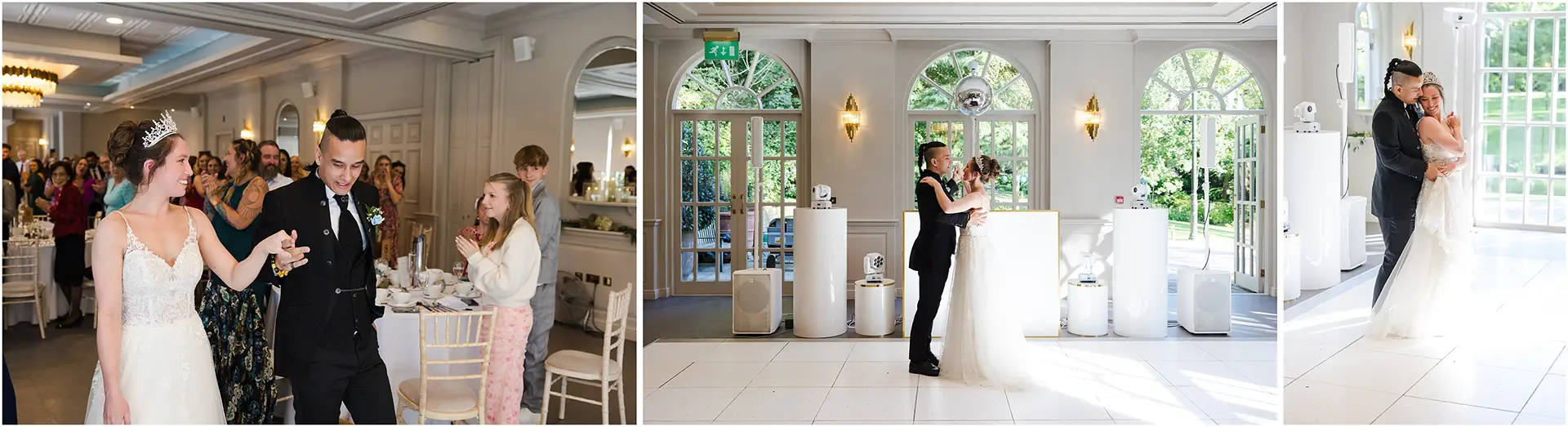 romantic wedding dance moments bride and groom making their entrance to the orangery and dancing
